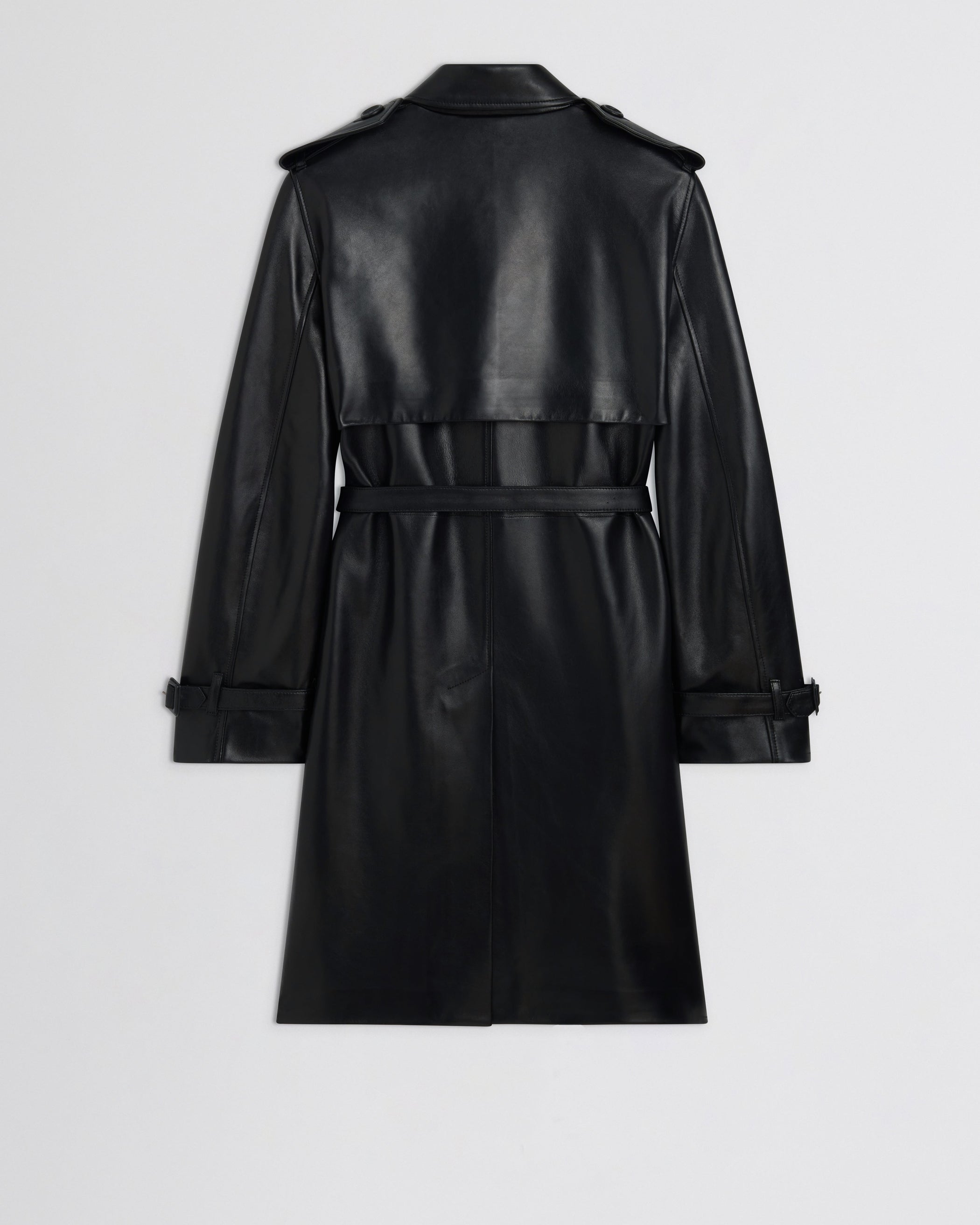Flat back view of Short Trench in black leather