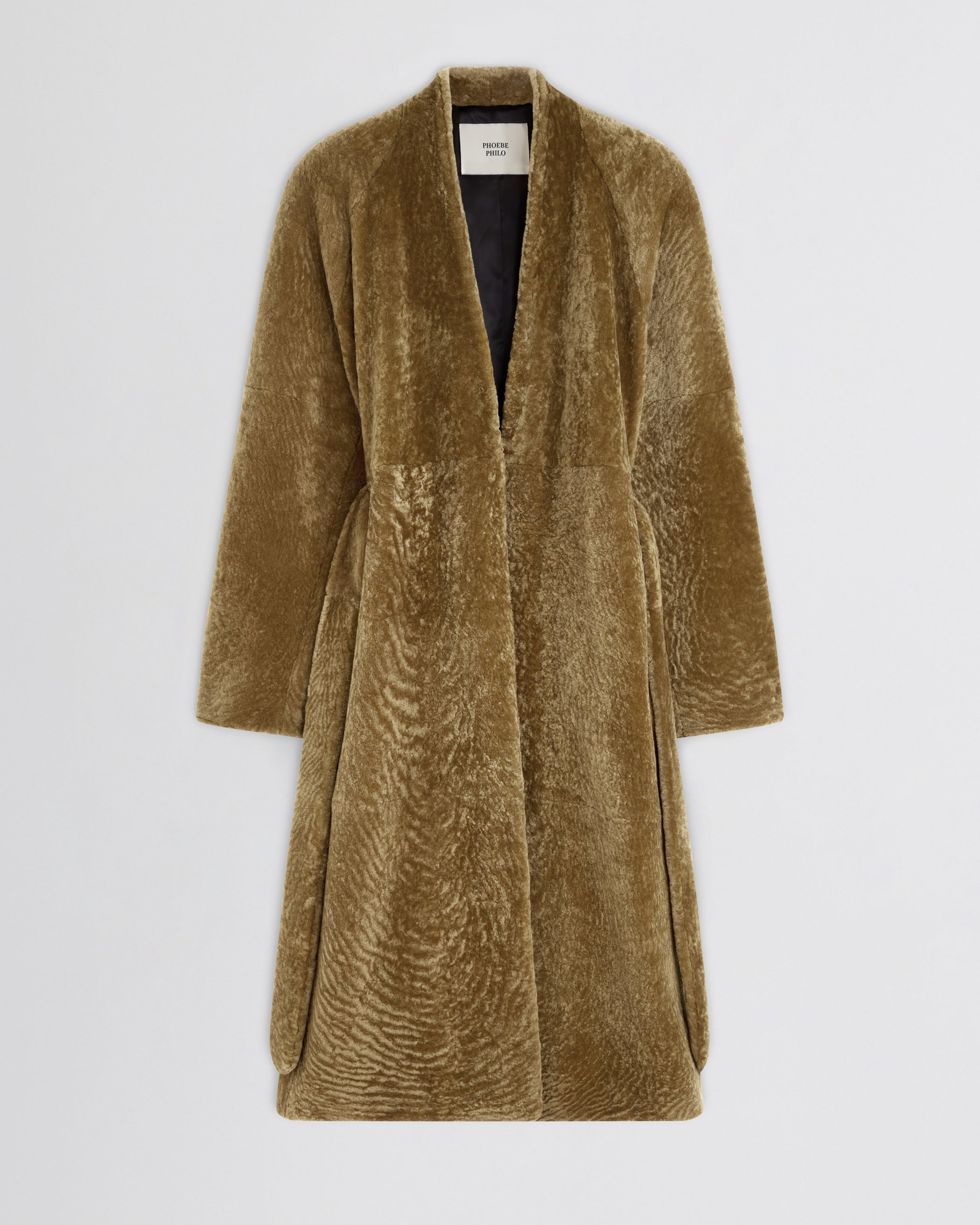 Flat front view of Shaved Robe Coat in tabac shearling