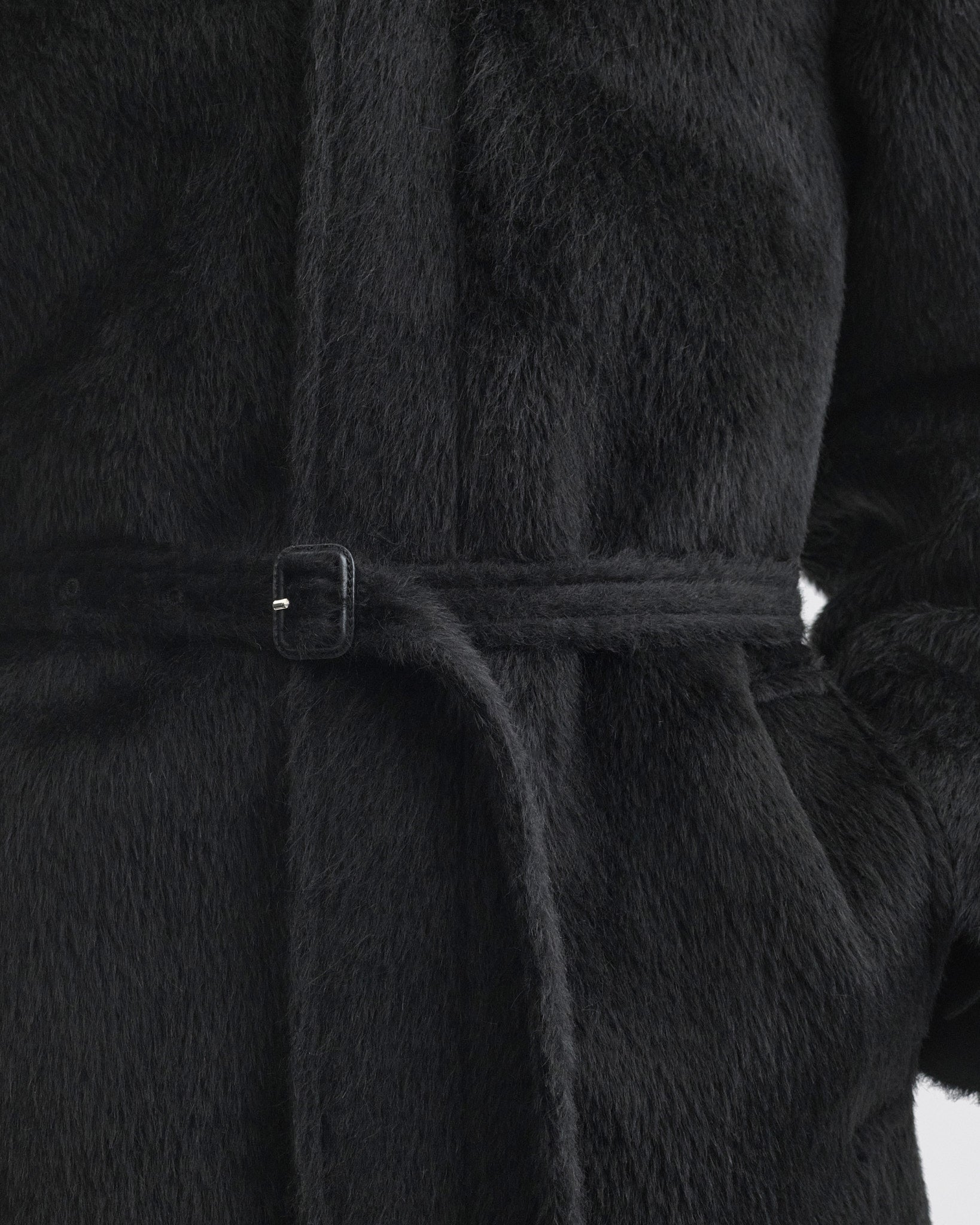 Close up detail view of Cropped Car Coat in black alpaca wool