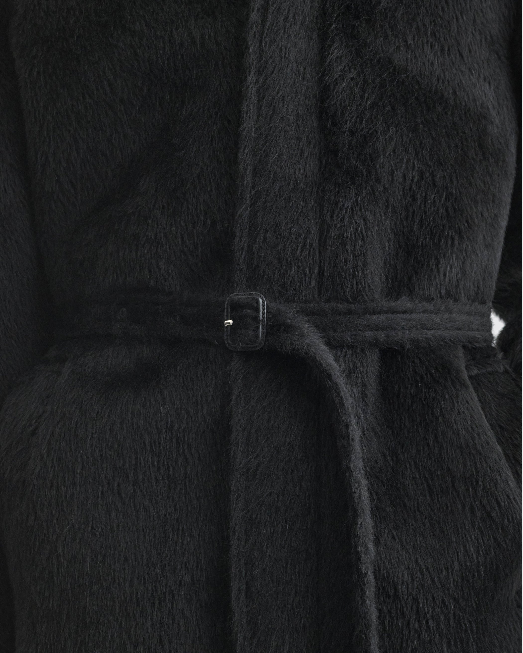 Close up detail view of Cropped Car Coat in black alpaca wool