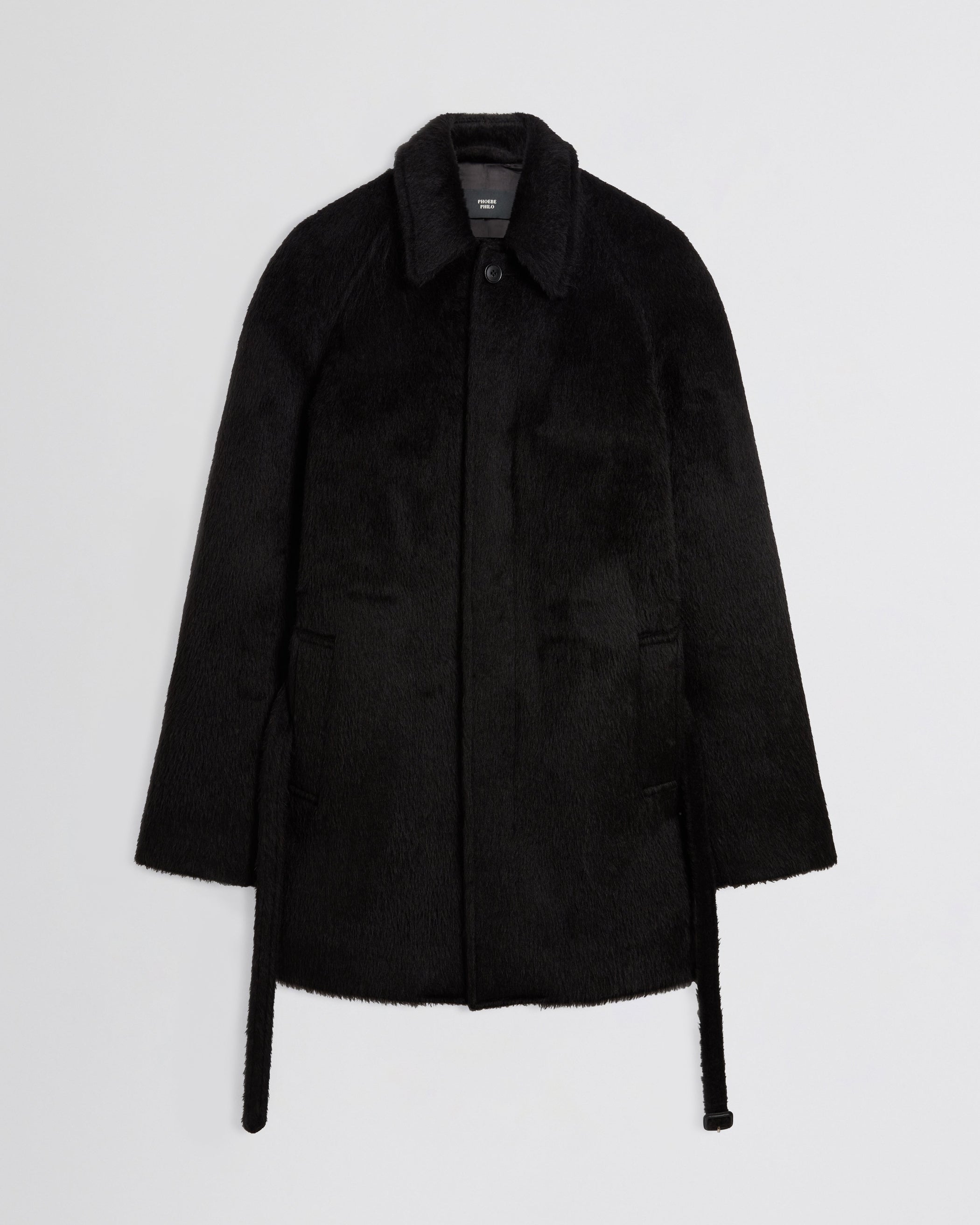 Flat front view of Cropped Car Coat in black alpaca wool