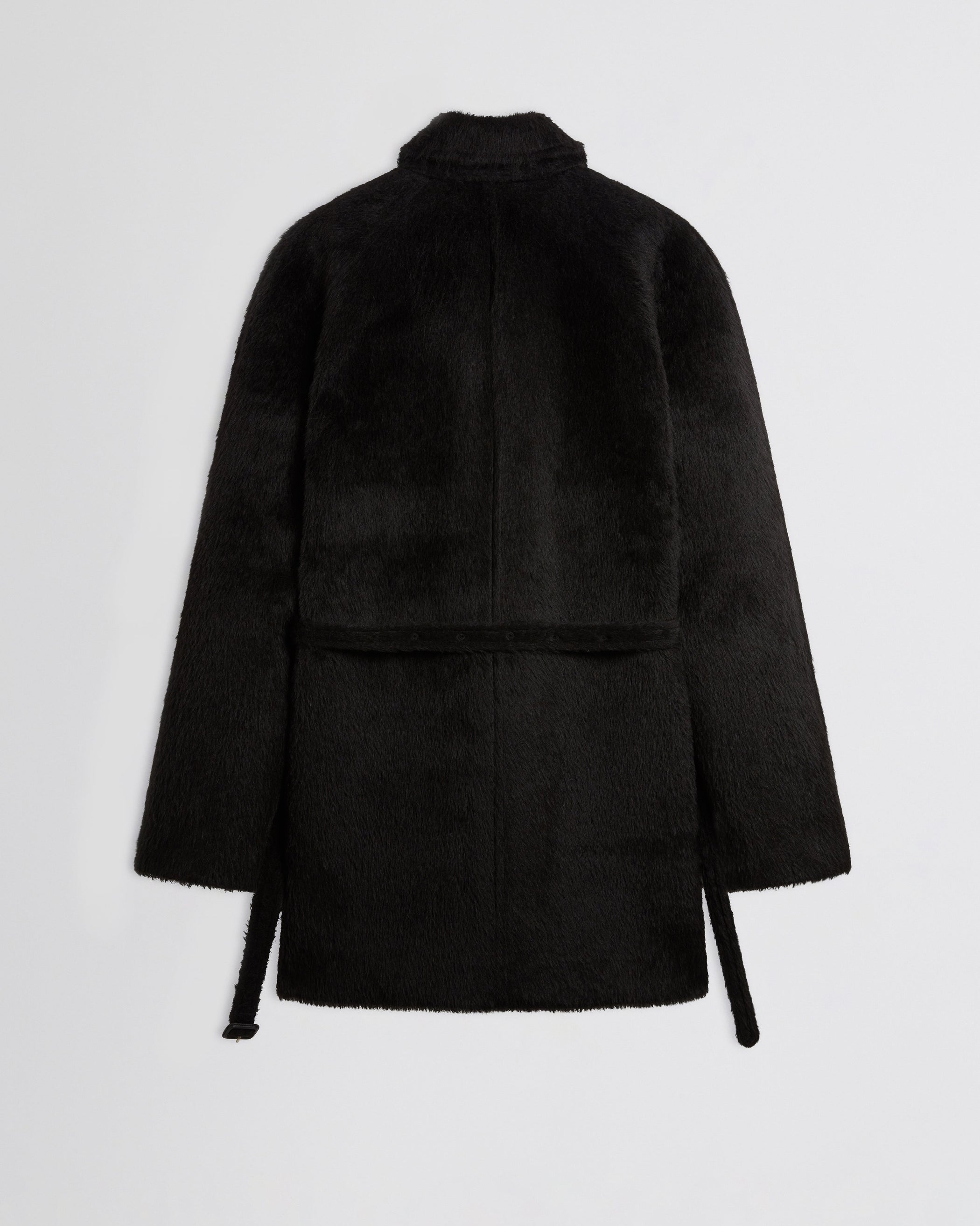 Flat back view of Cropped Car Coat in black alpaca wool