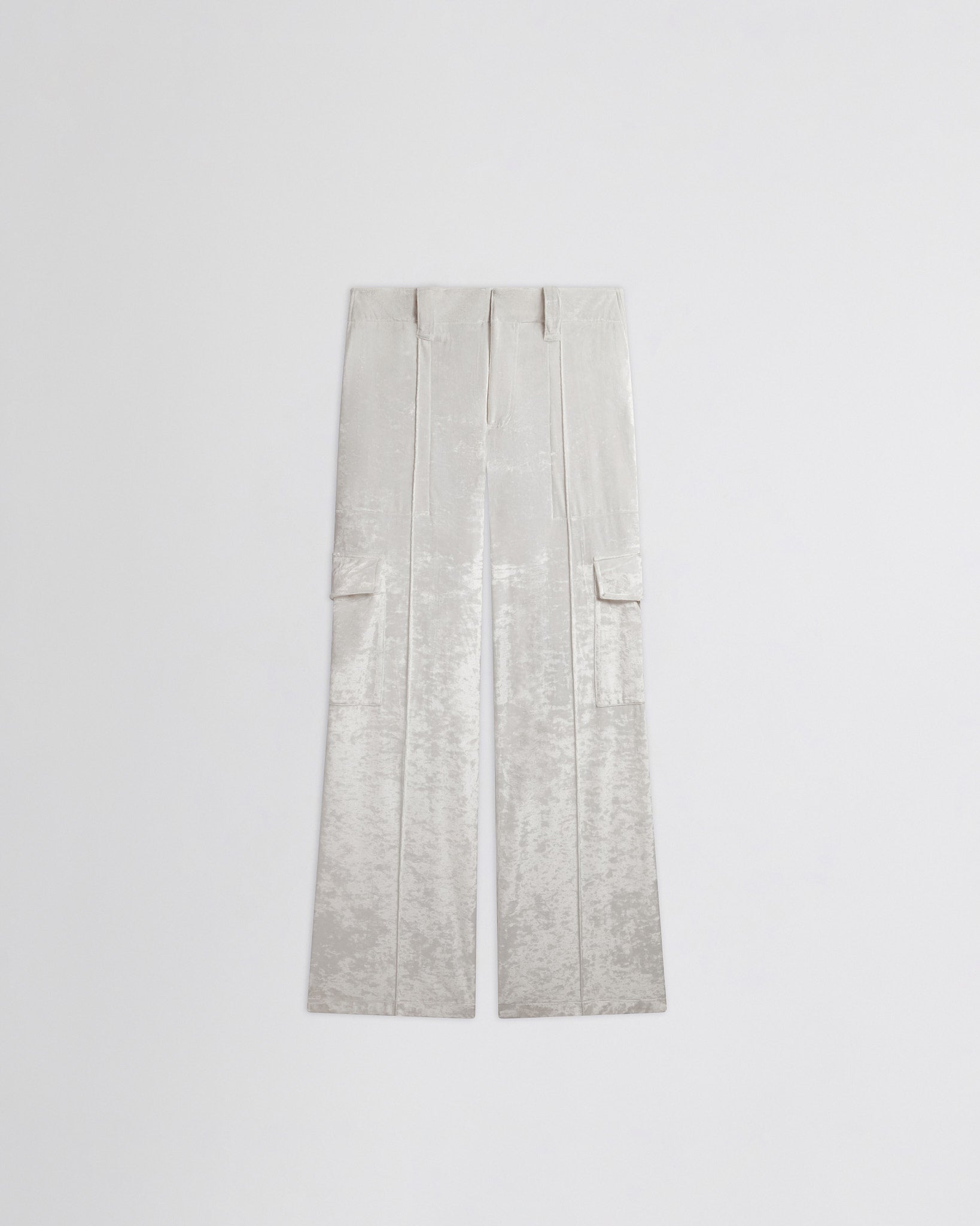 View of liquid cargo trousers in white crushed velvet
