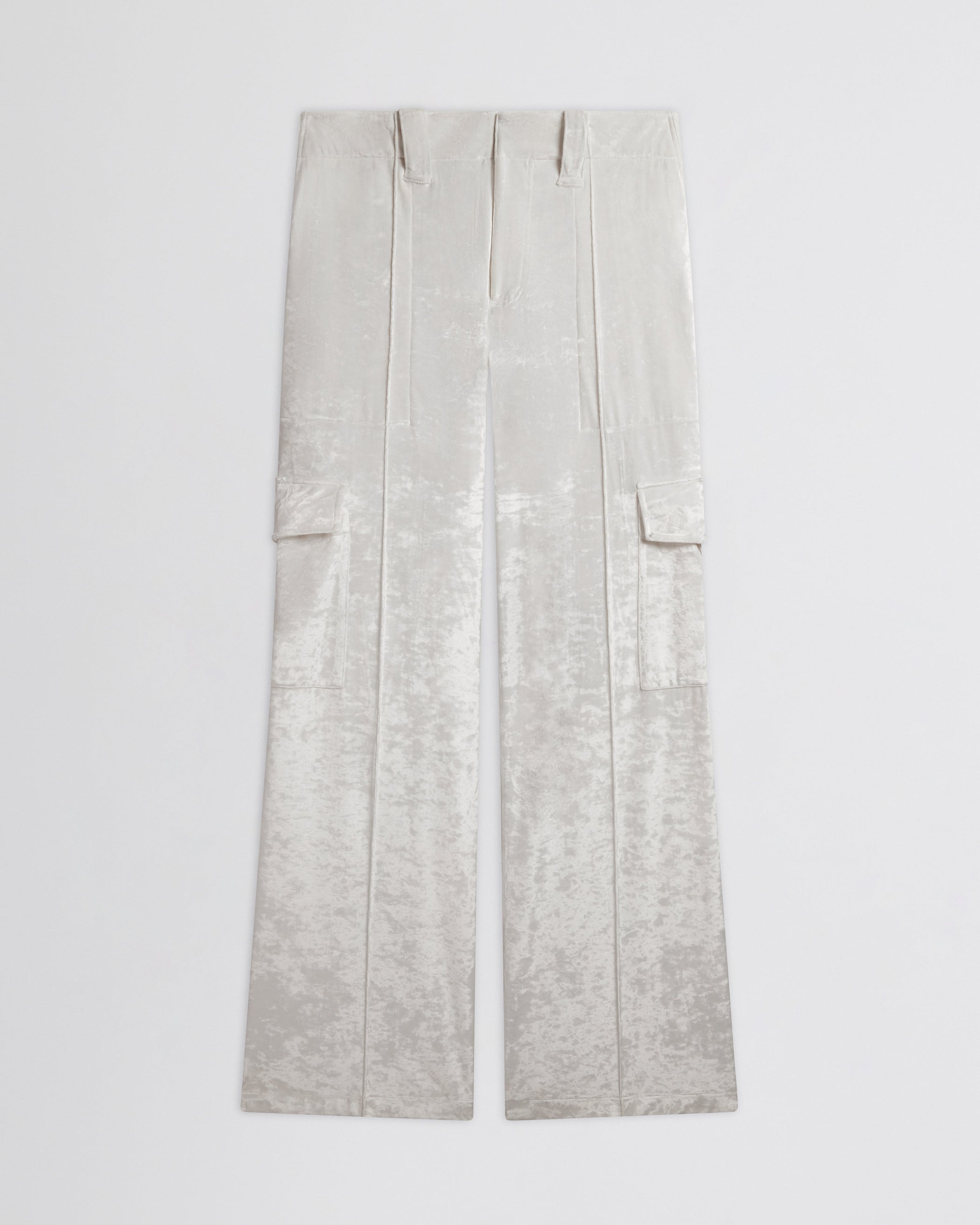 Flat front view of LIQUID CARGO TROUSERS  in white crushed velvet