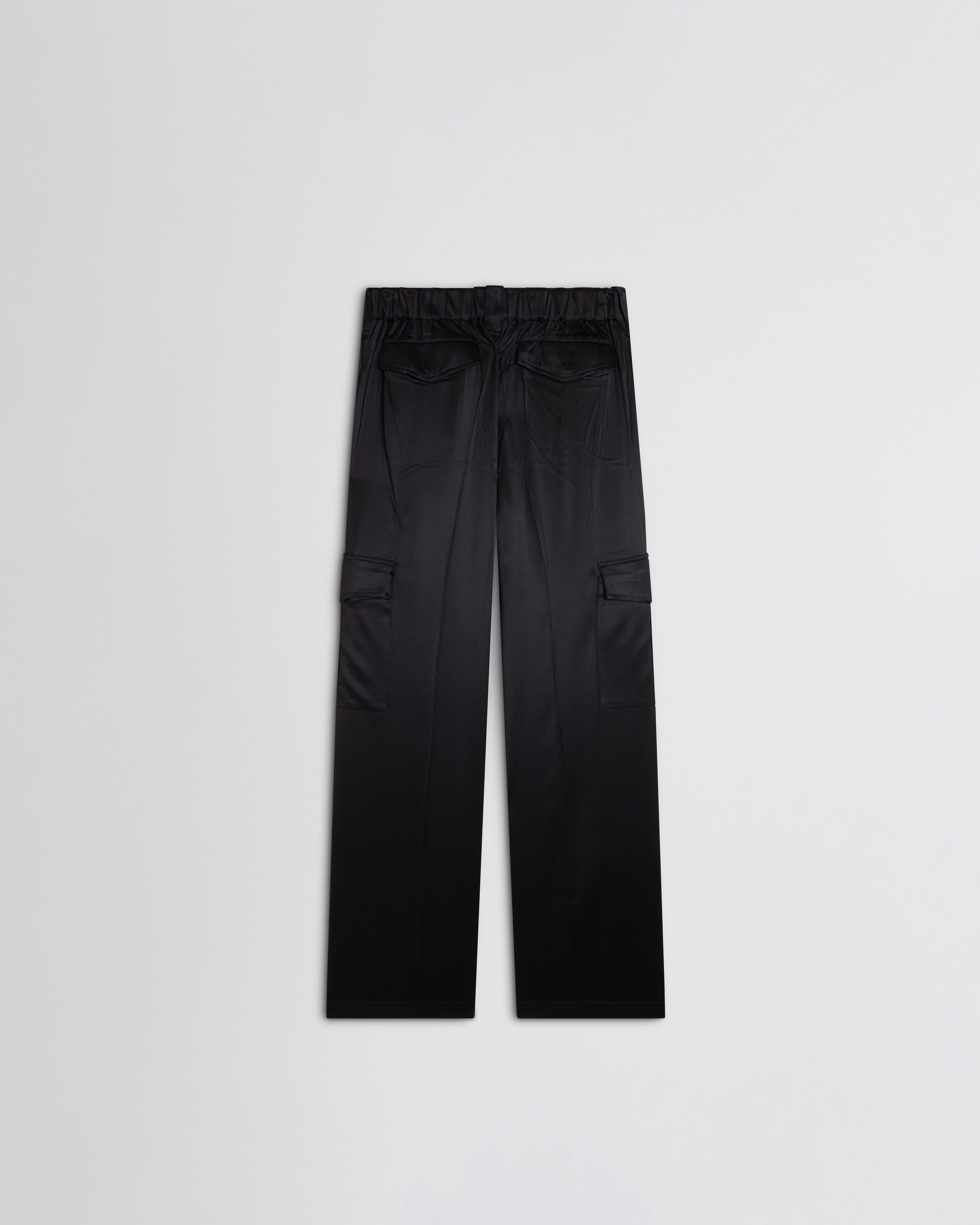 View of liquid cargo trousers in black silk