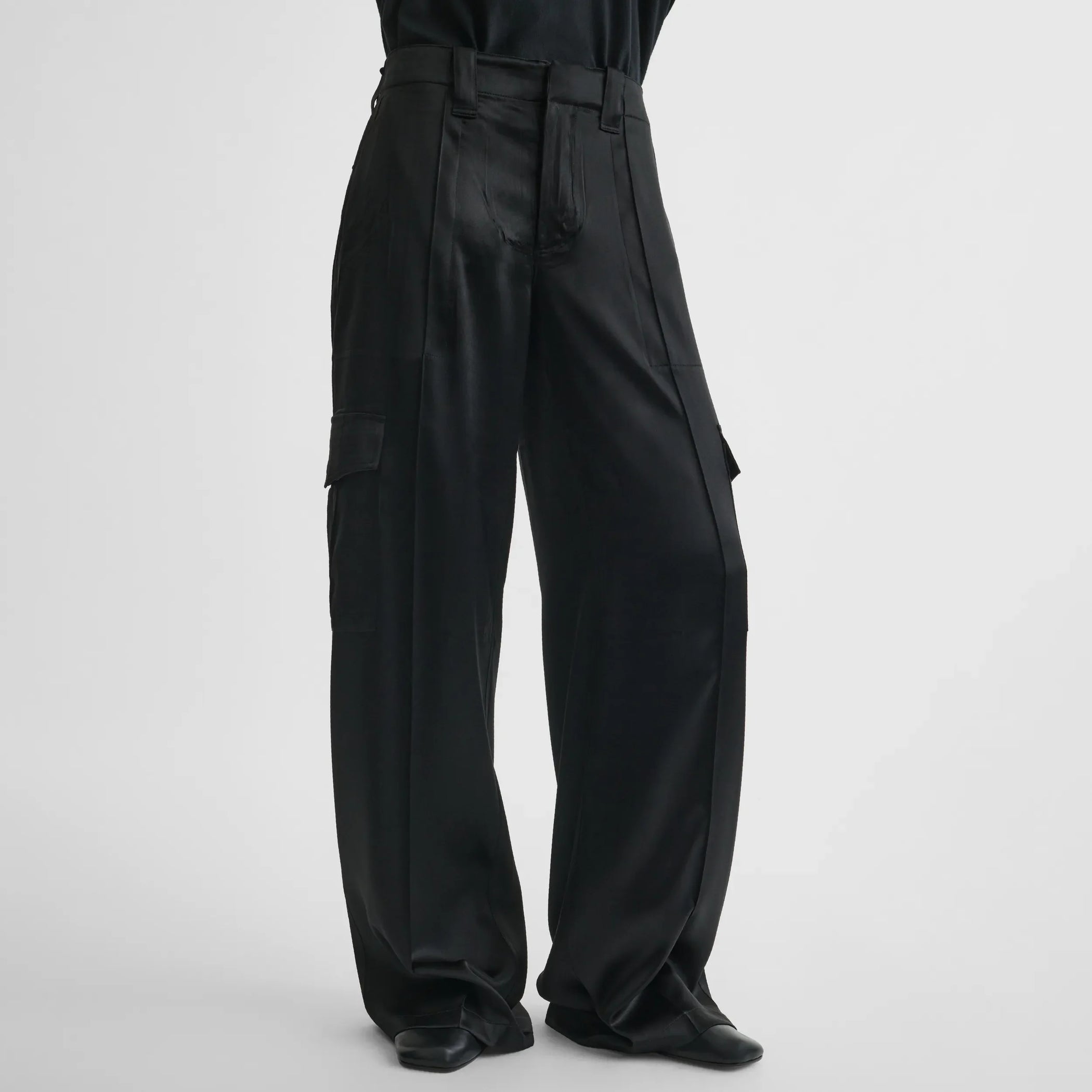 Front view of liquid cargo trousers in black silk