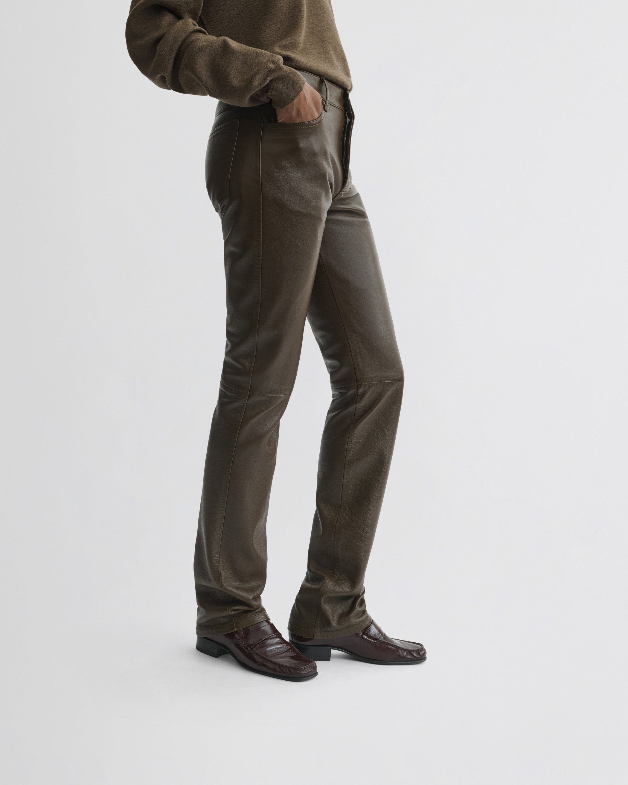 View of straight leg jeans in green bronze leather