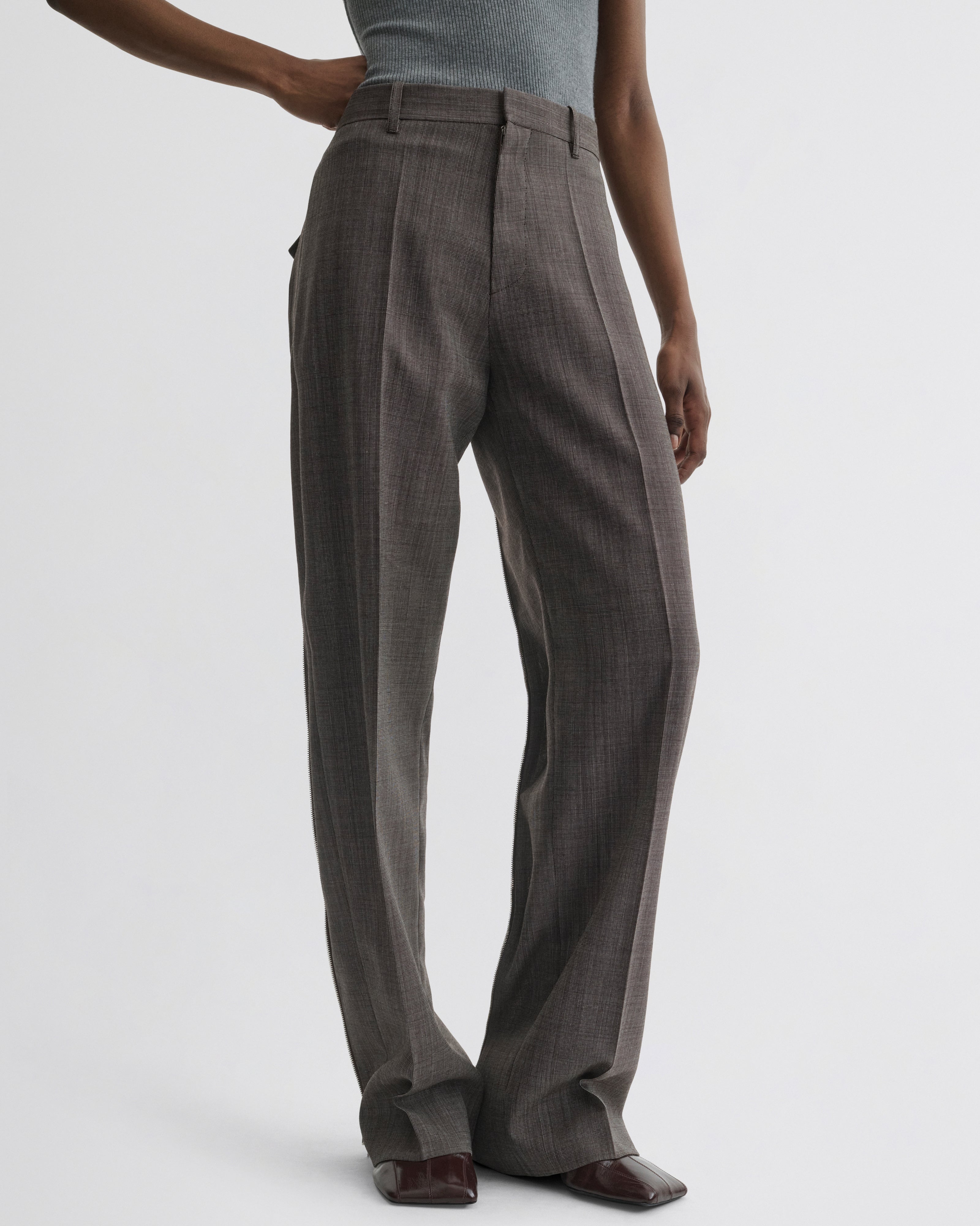 PHOEBE PHILO | SPLIT ZIP TROUSERS | DARK BROWN MÉLANGE WOOL