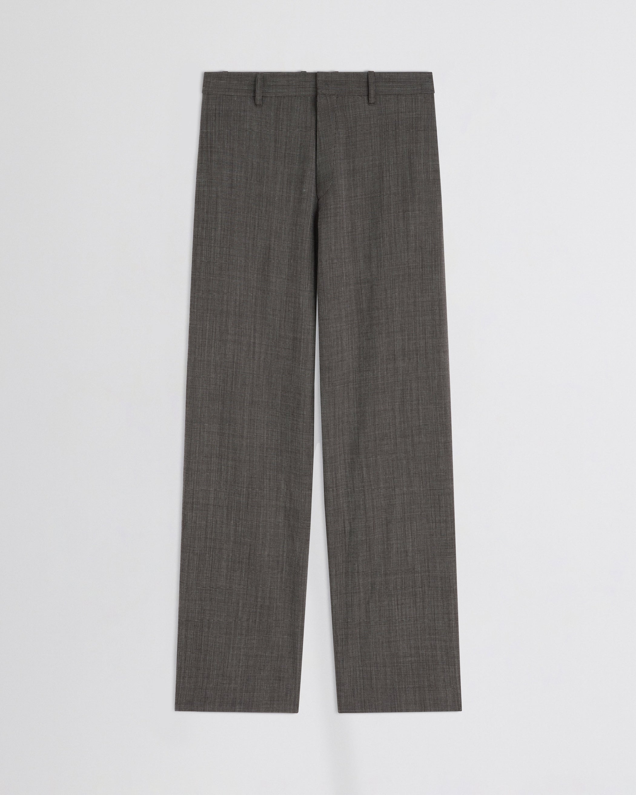 Flat front view of Split Zip Trousers in white dark brown wool