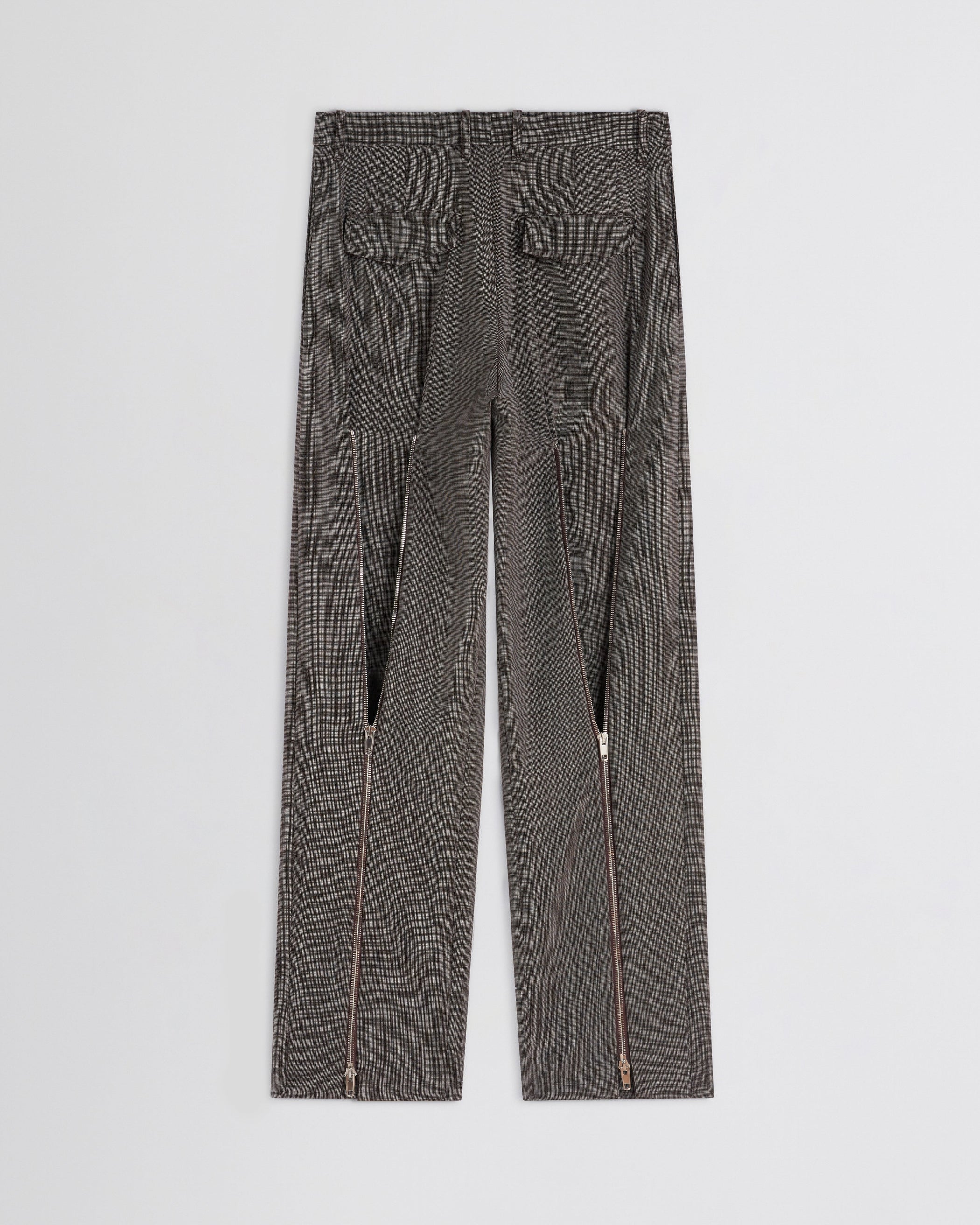 Flat back view of Split Zip Trousers in white dark brown wool