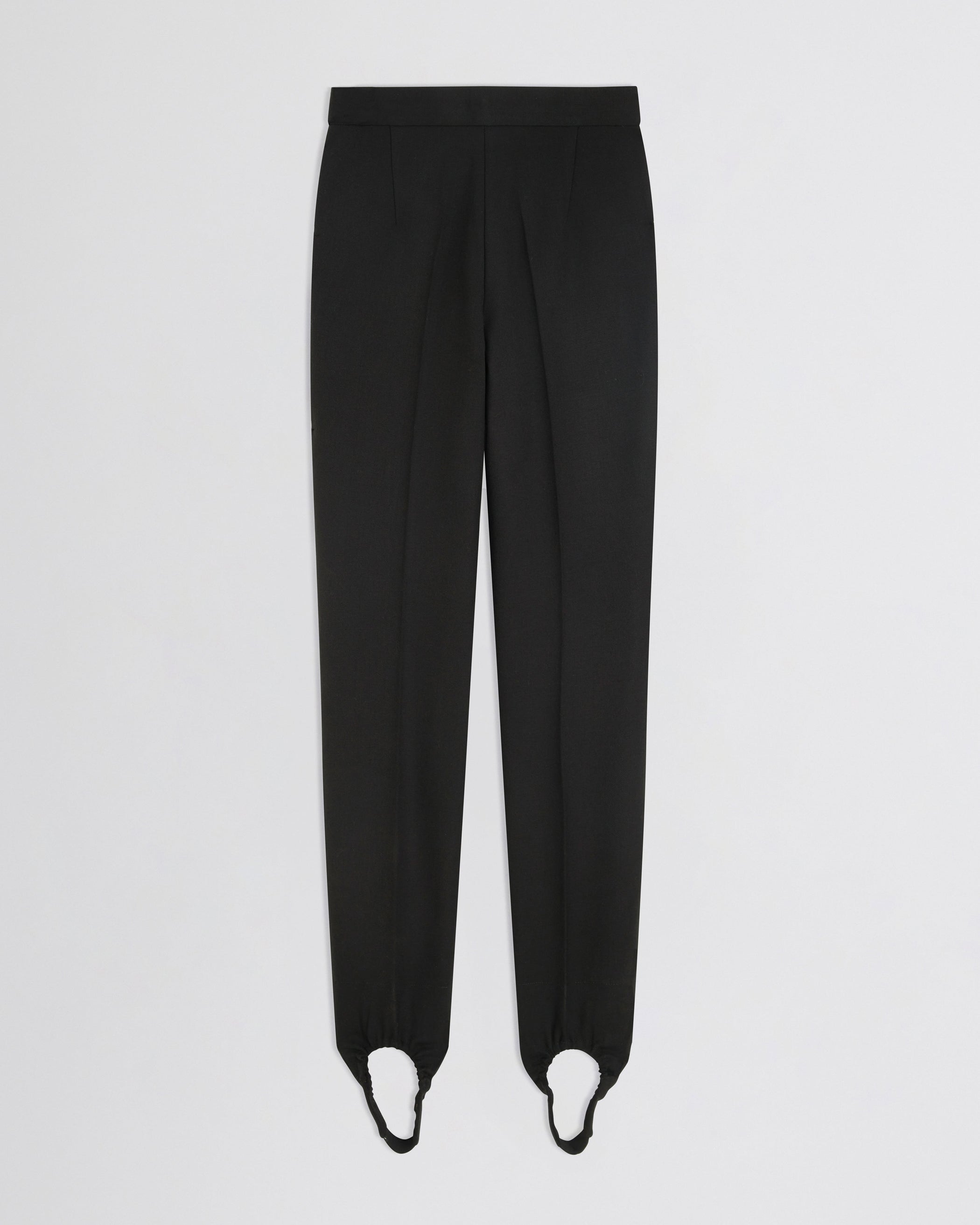 Flat front view of Stirrup Trousers in black wool