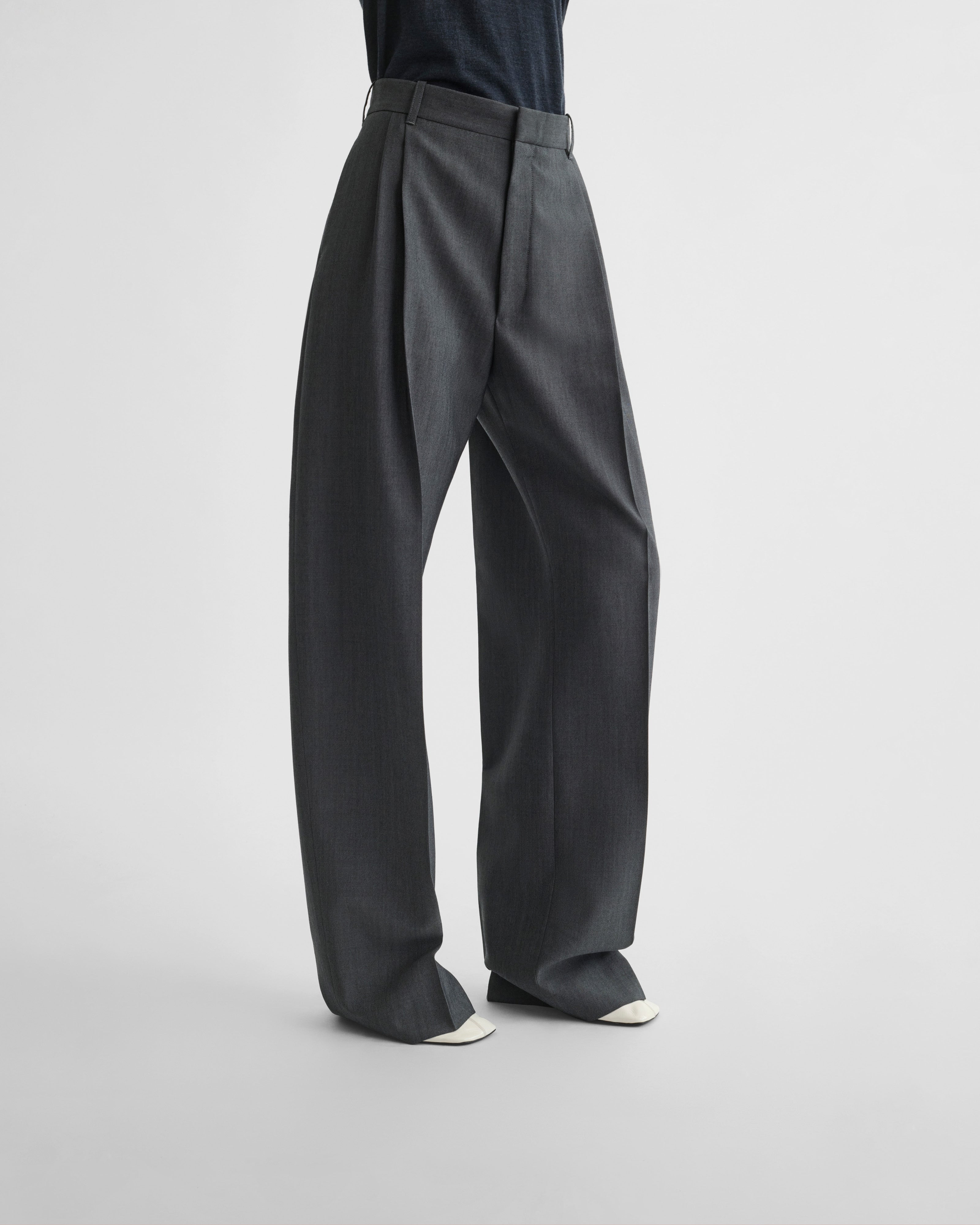 PHOEBE PHILO | DOUBLE PLEAT TROUSERS | GREY MÉLANGE WOOL