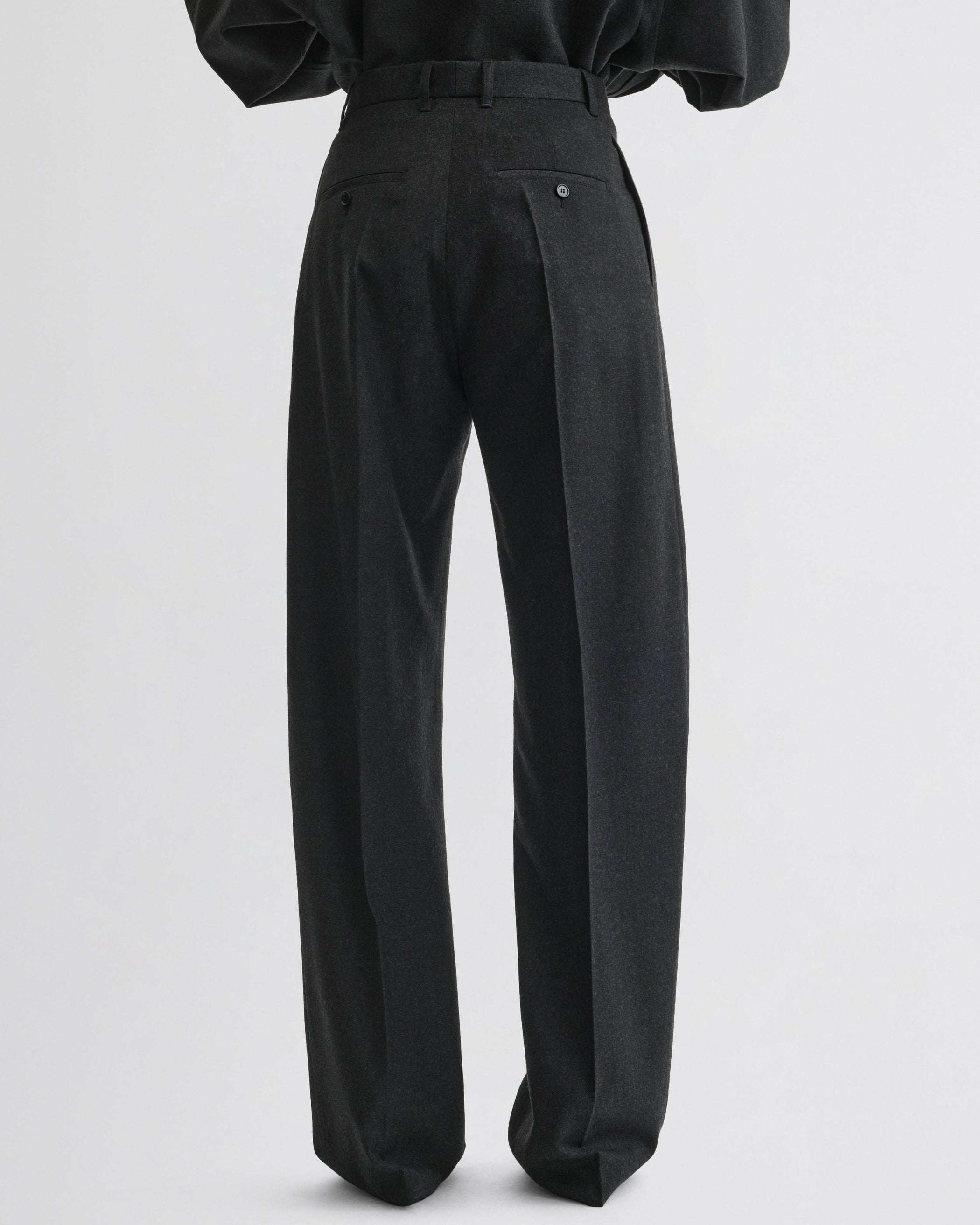 Back view of Double Pleat Trousers in charcoal wool