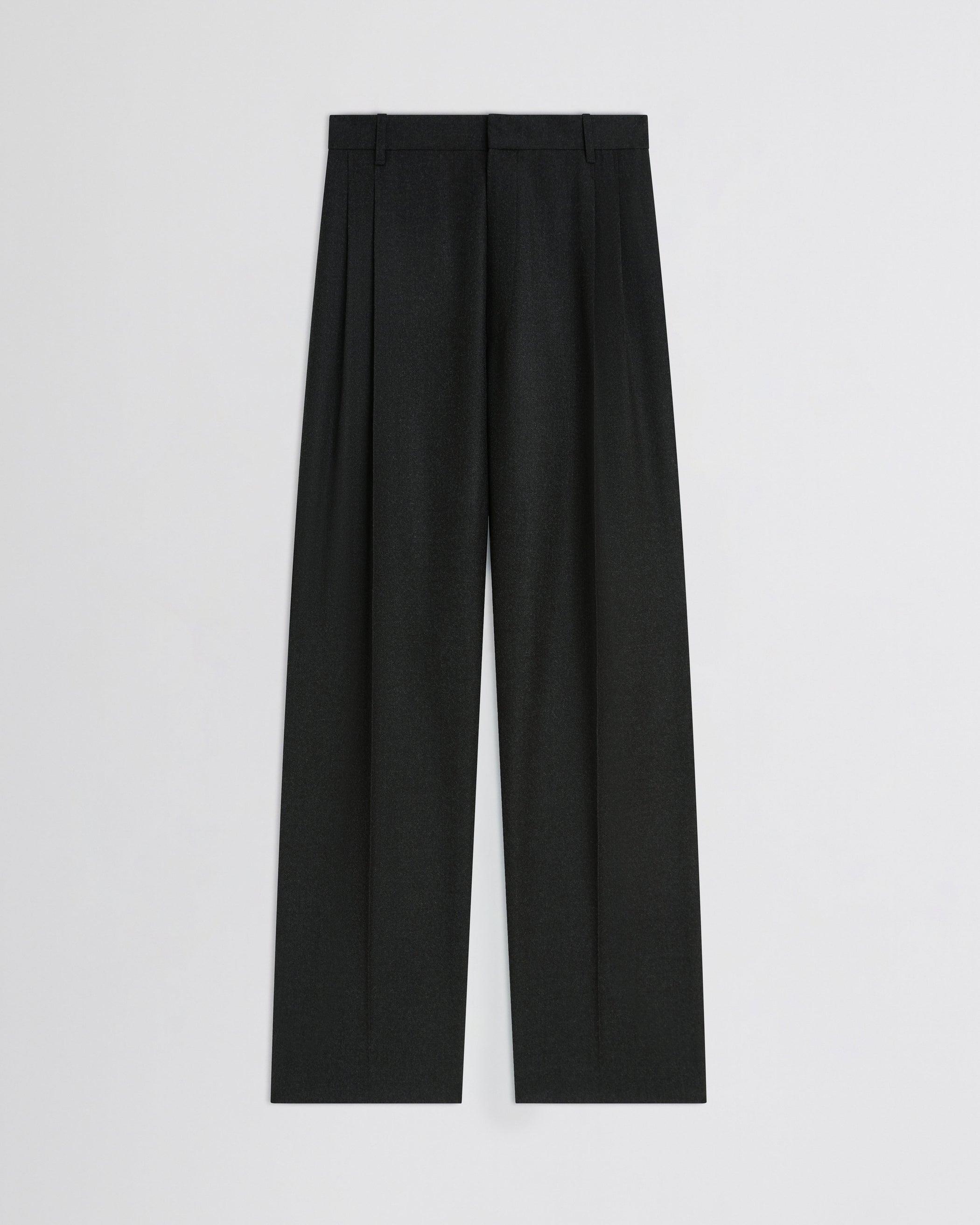 Flat front view of Double Pleat Trousers in charcoal wool