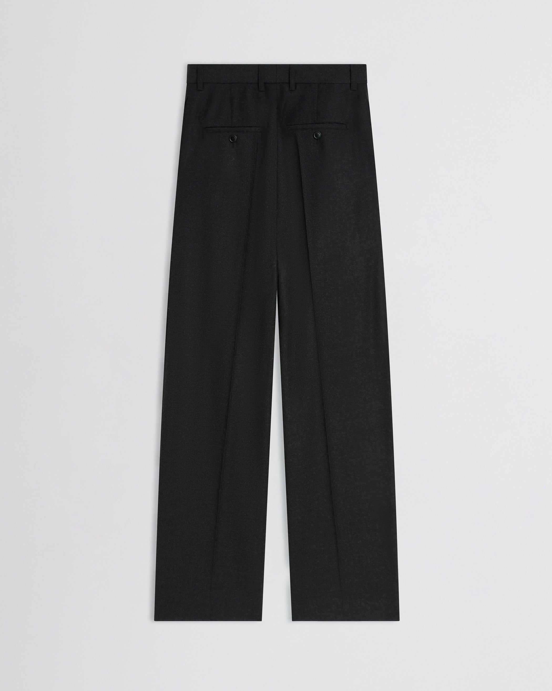 Flat back view of Double Pleat Trousers in charcoal wool