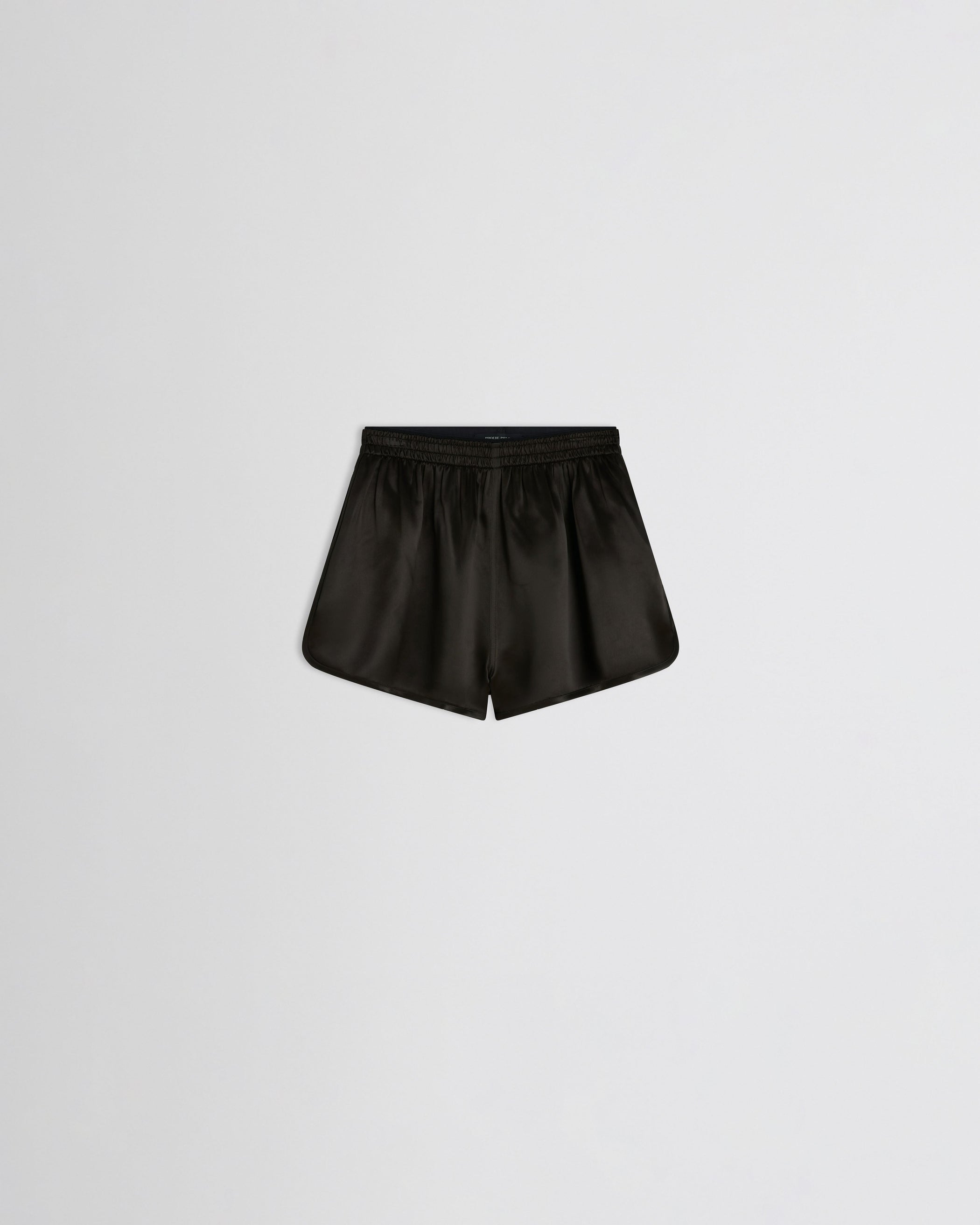 Flat front view of TRACK SHORTS in dark khaki satin viscose