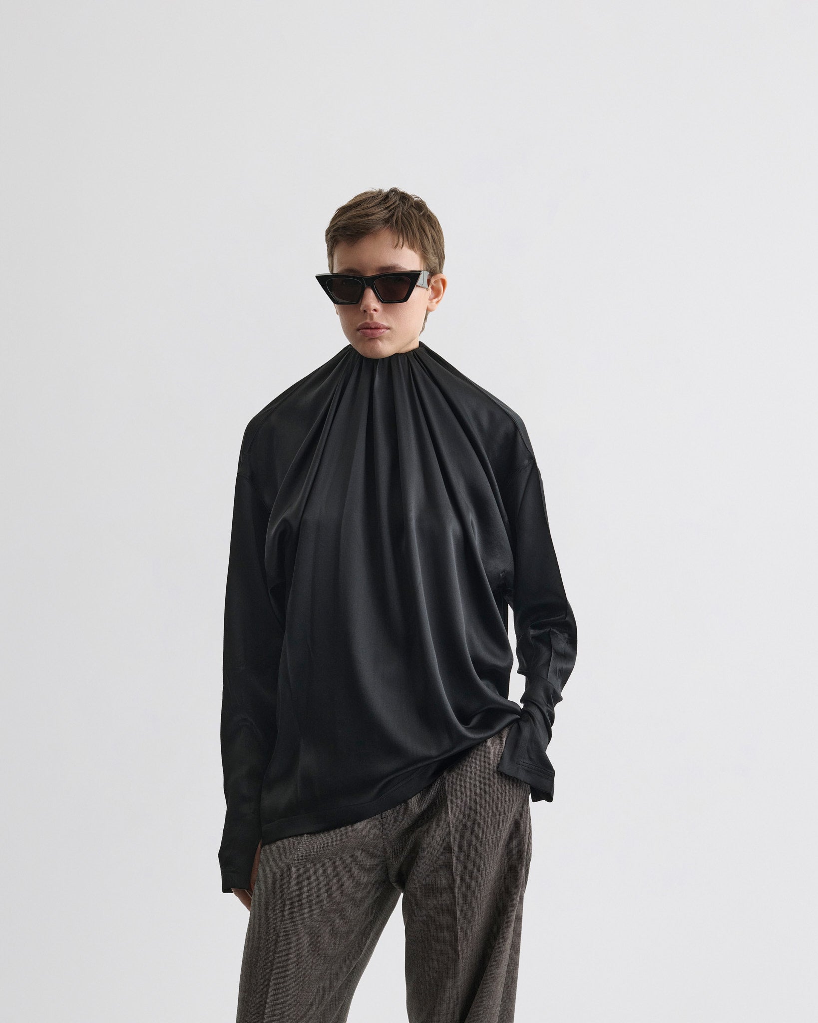 View of liquid soft ridge top in black silk