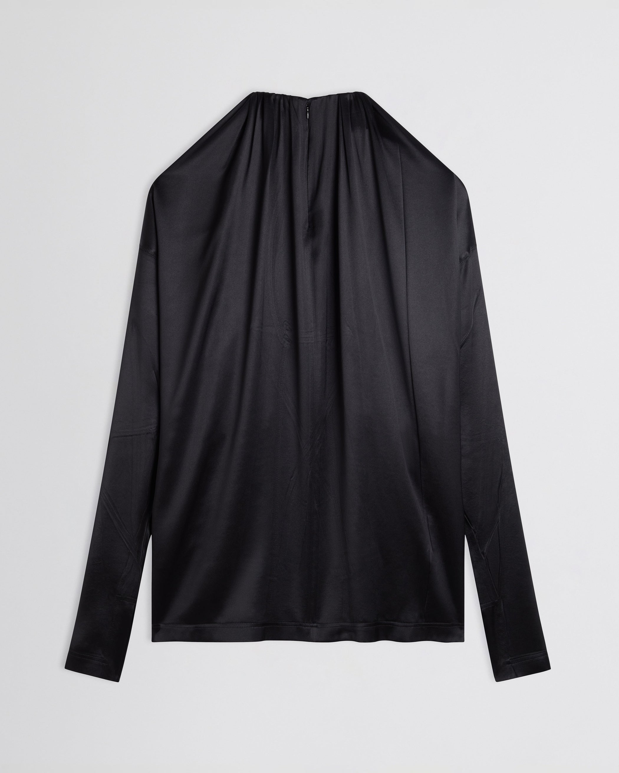 Flat back view of LIQUID SOFT RIDGE TOP in black silk