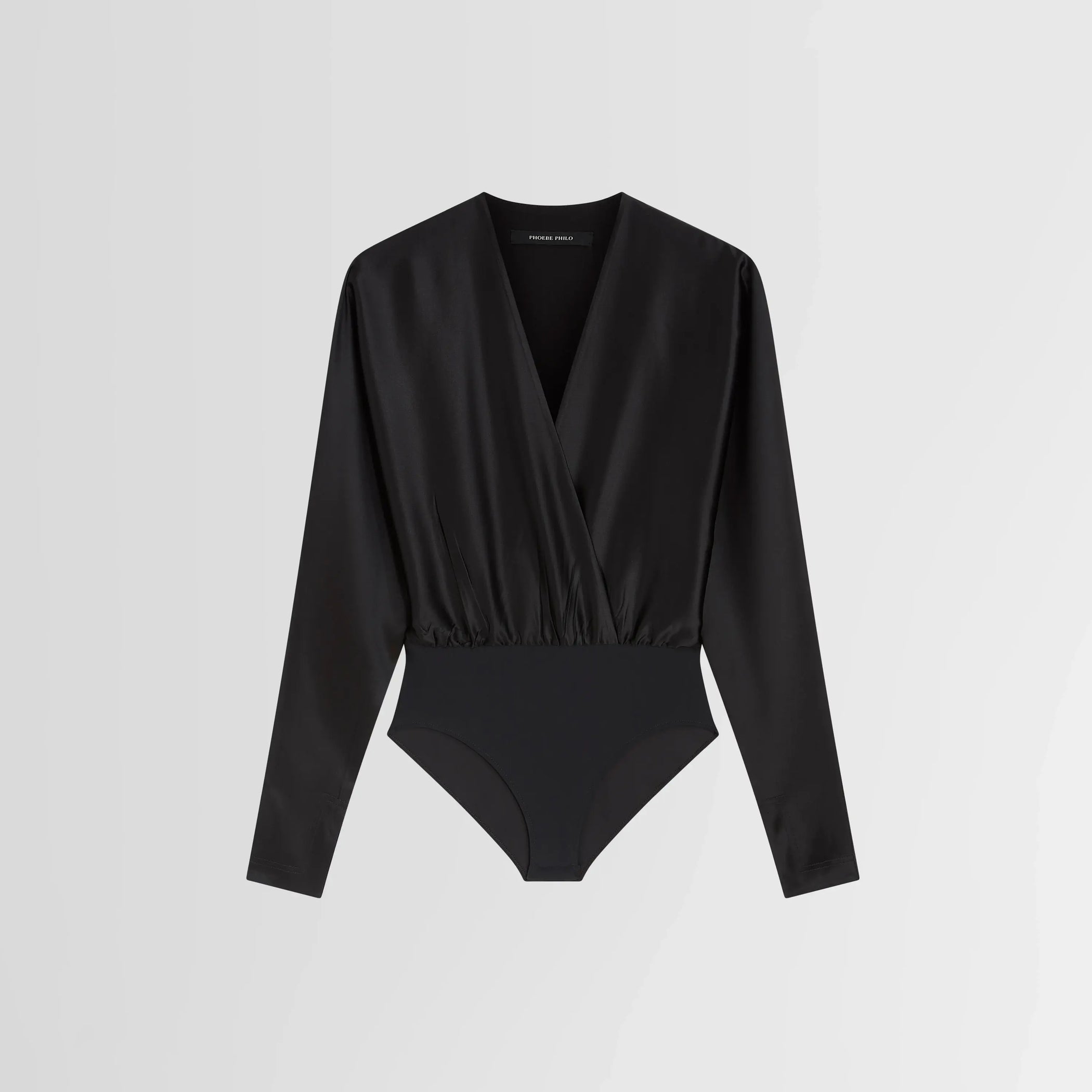 Flat front view of BATWING BODY in black silk satin