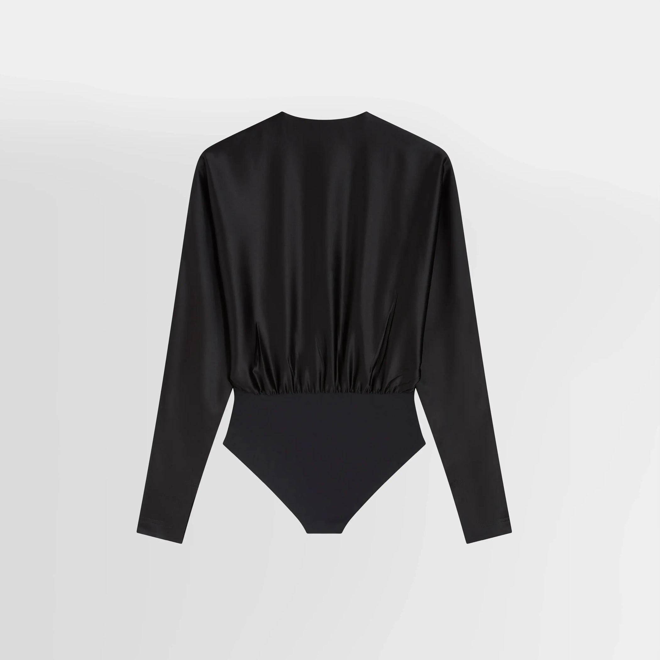 Flat back view of BATWING BODY in black silk satin