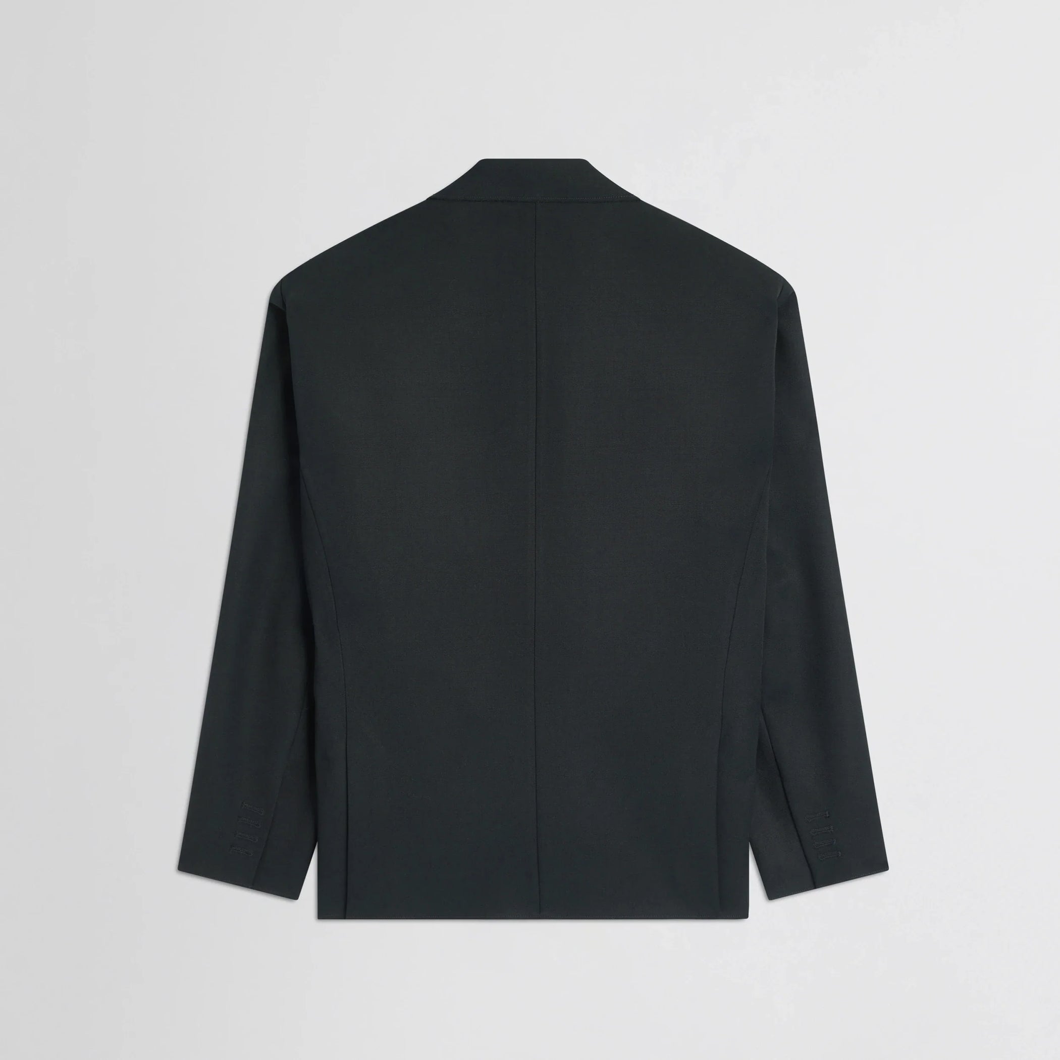 Flat back view of tuxedo jacket in black wool.