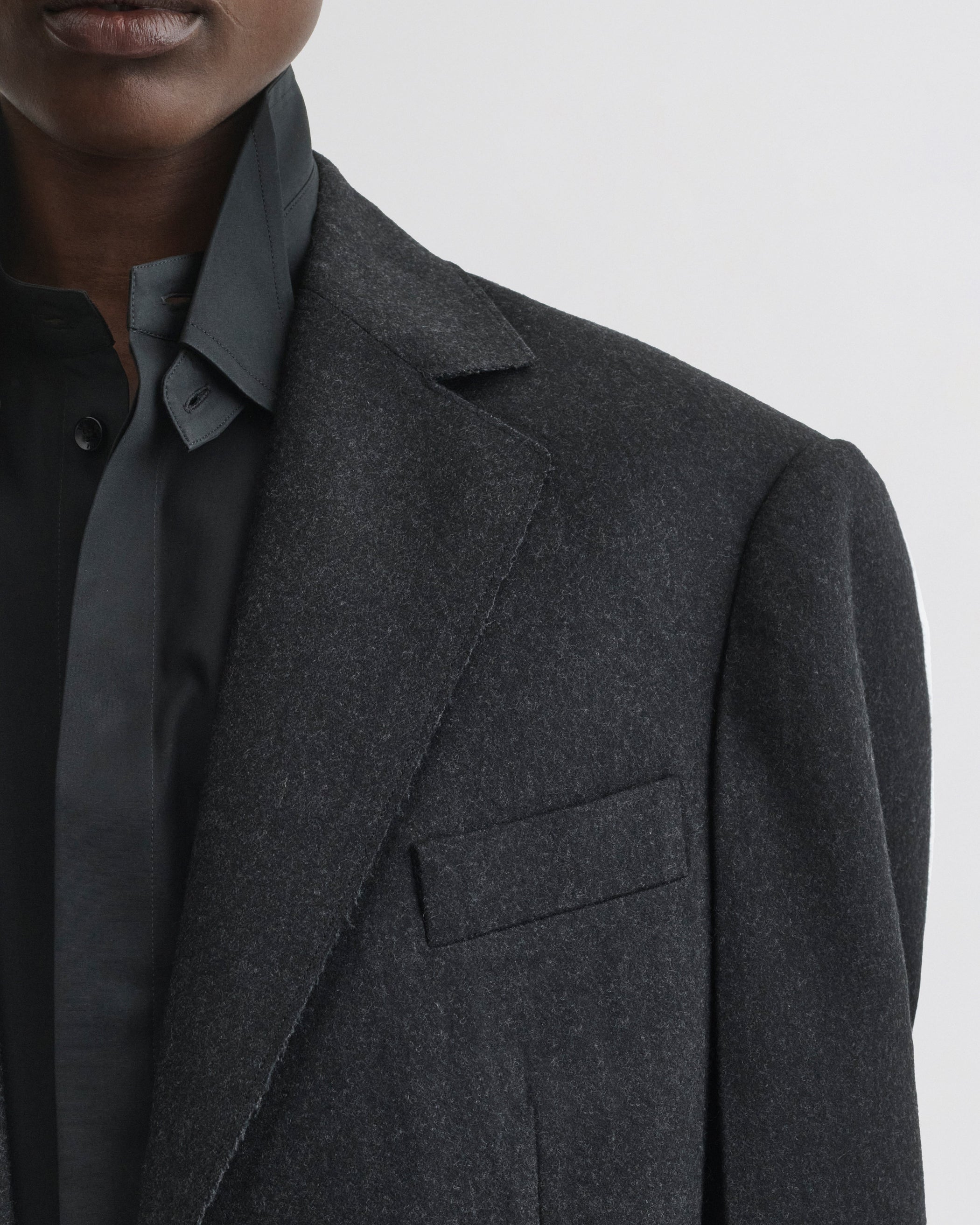 Close up detail view of Tuxedo Jacket in anthracite wool