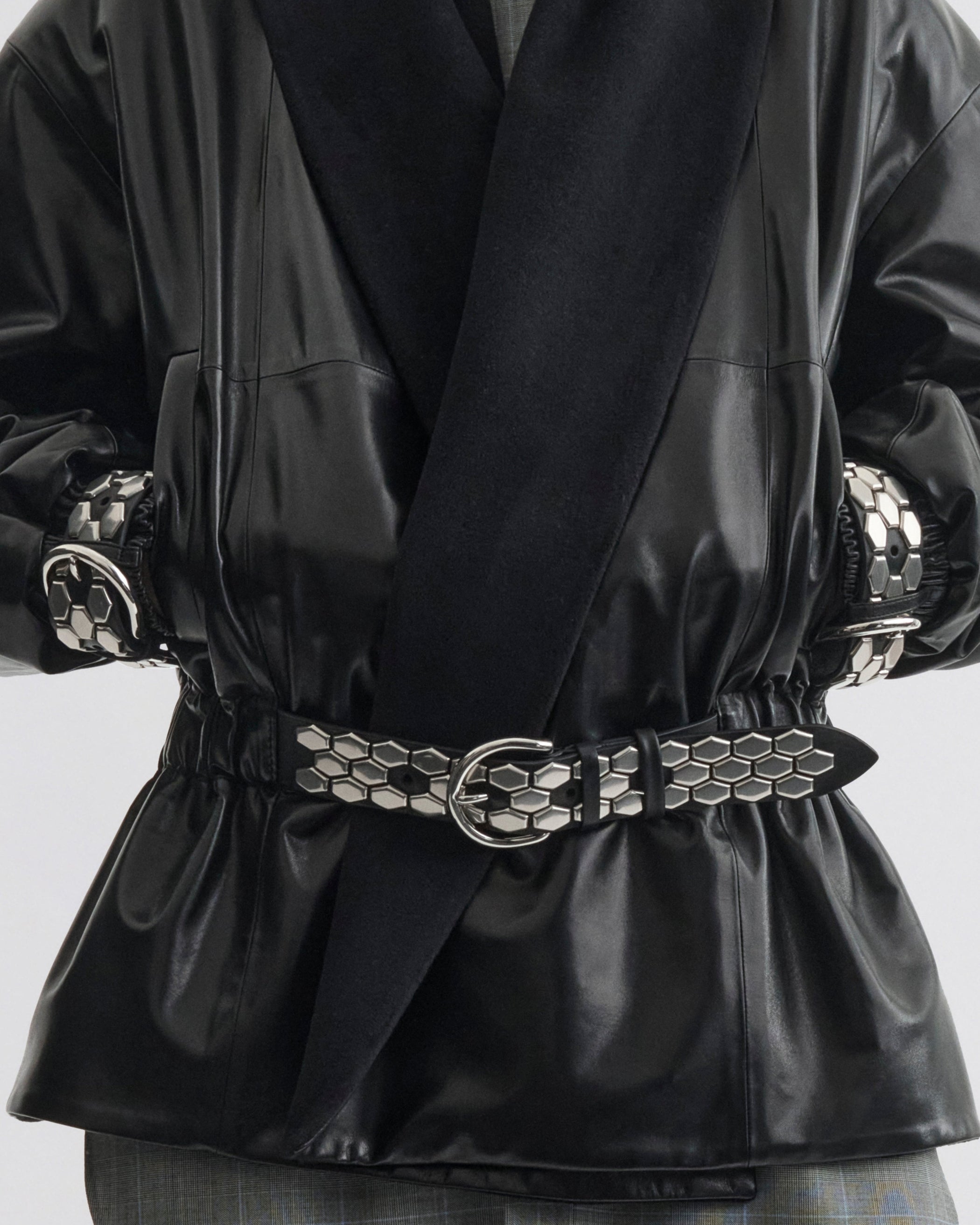 Close up detail view of Stud Jacket in black leather