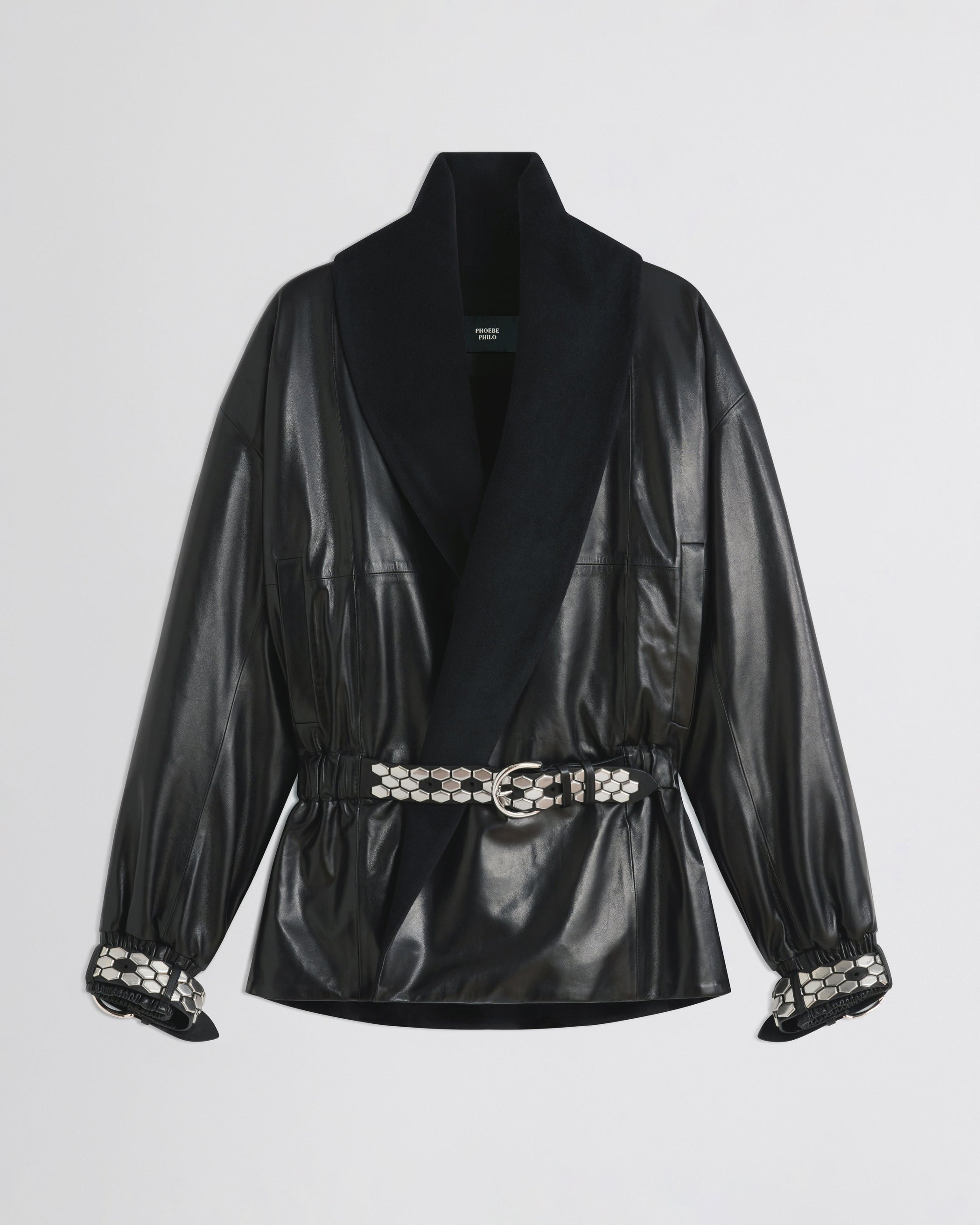 Flat front view of Stud Jacket in black leather