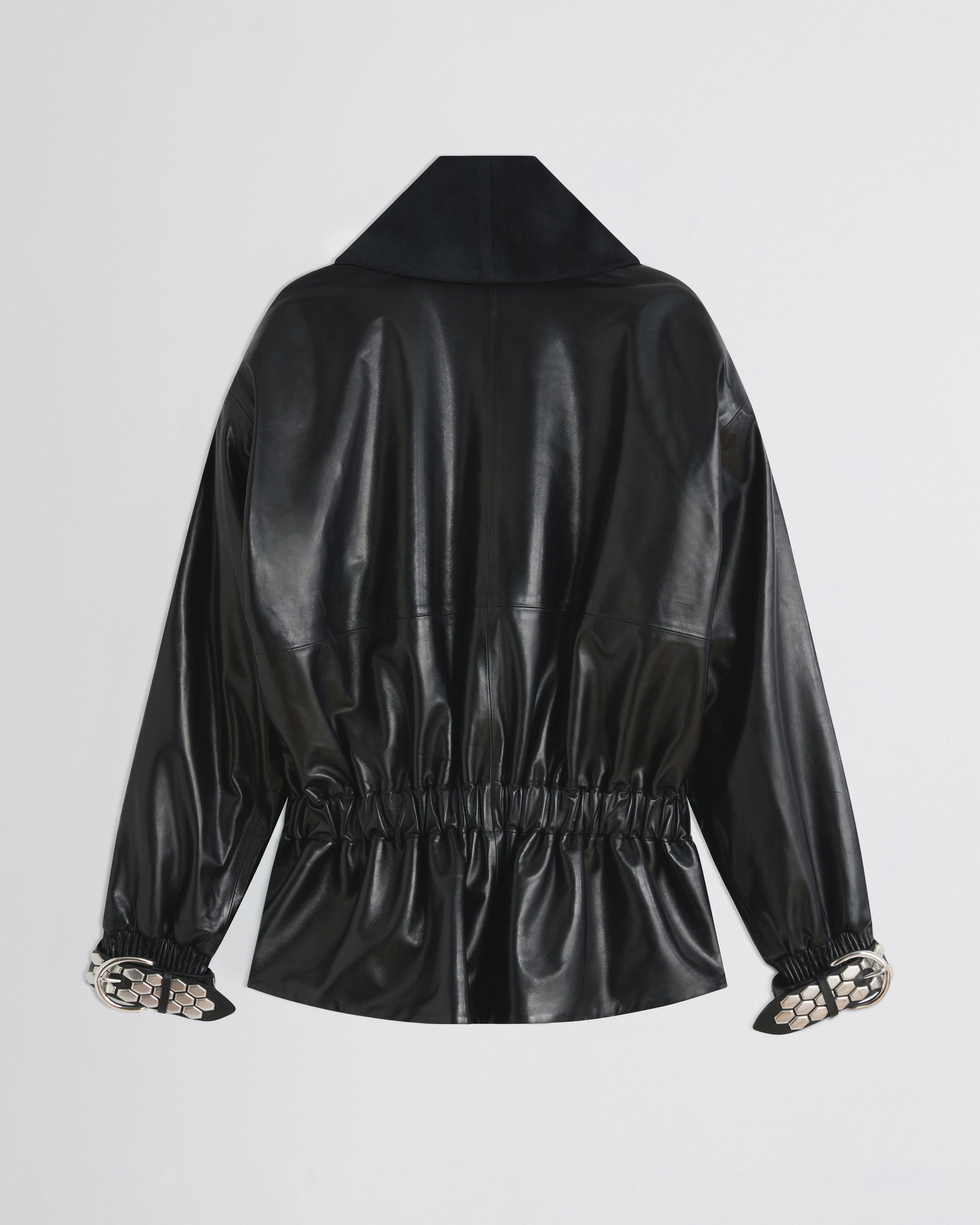 Flat back view of Stud Jacket in black leather