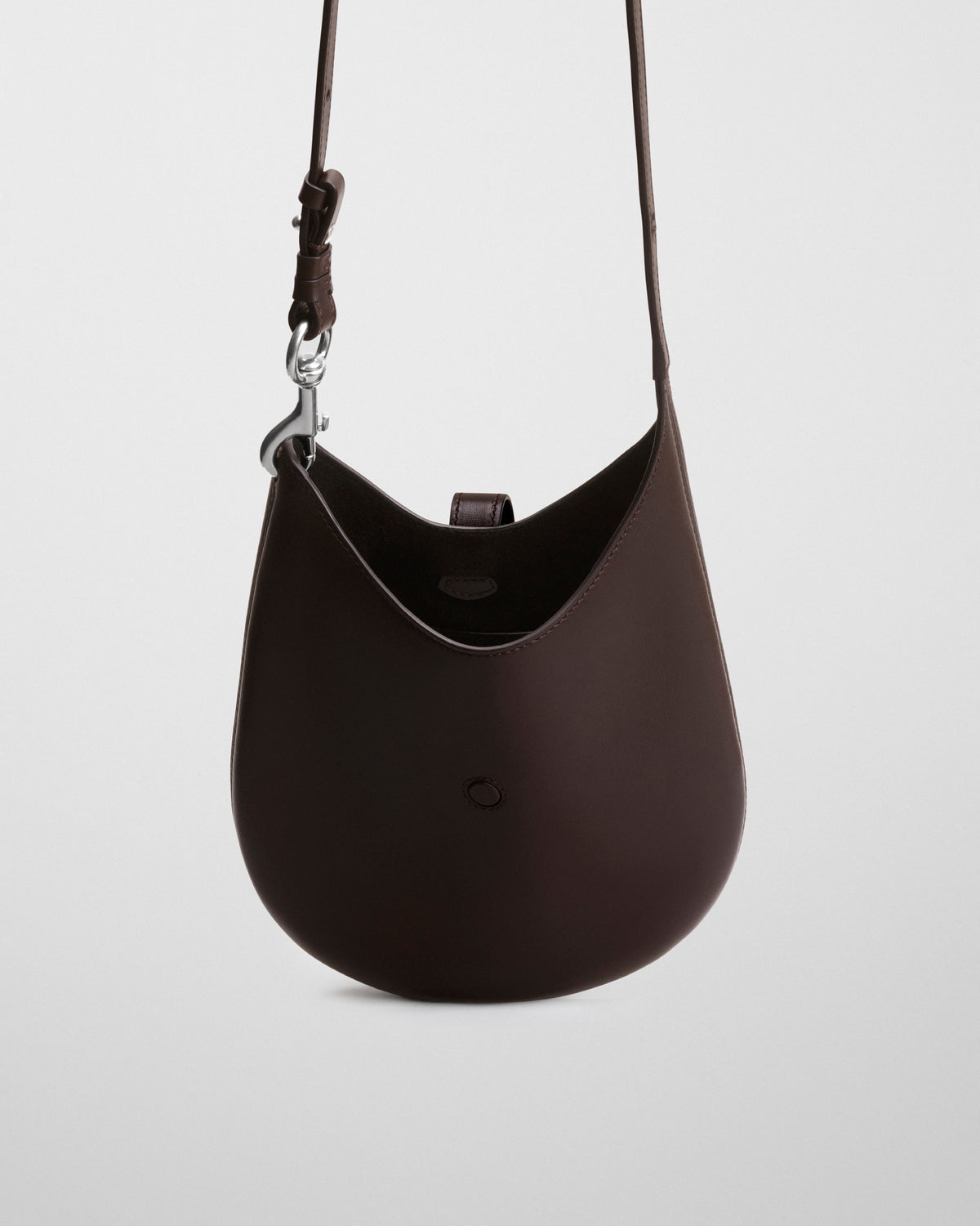 Front detail view of MINI BEAN SLING in chocolate brown leather
