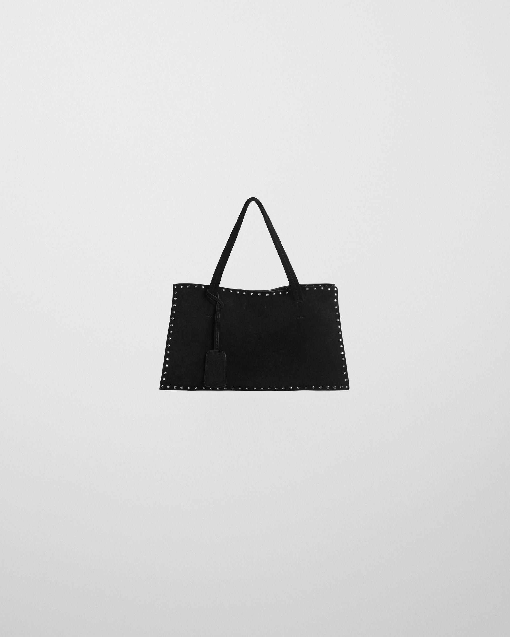 Flat front view of SMALL STUD CABAS in black suede