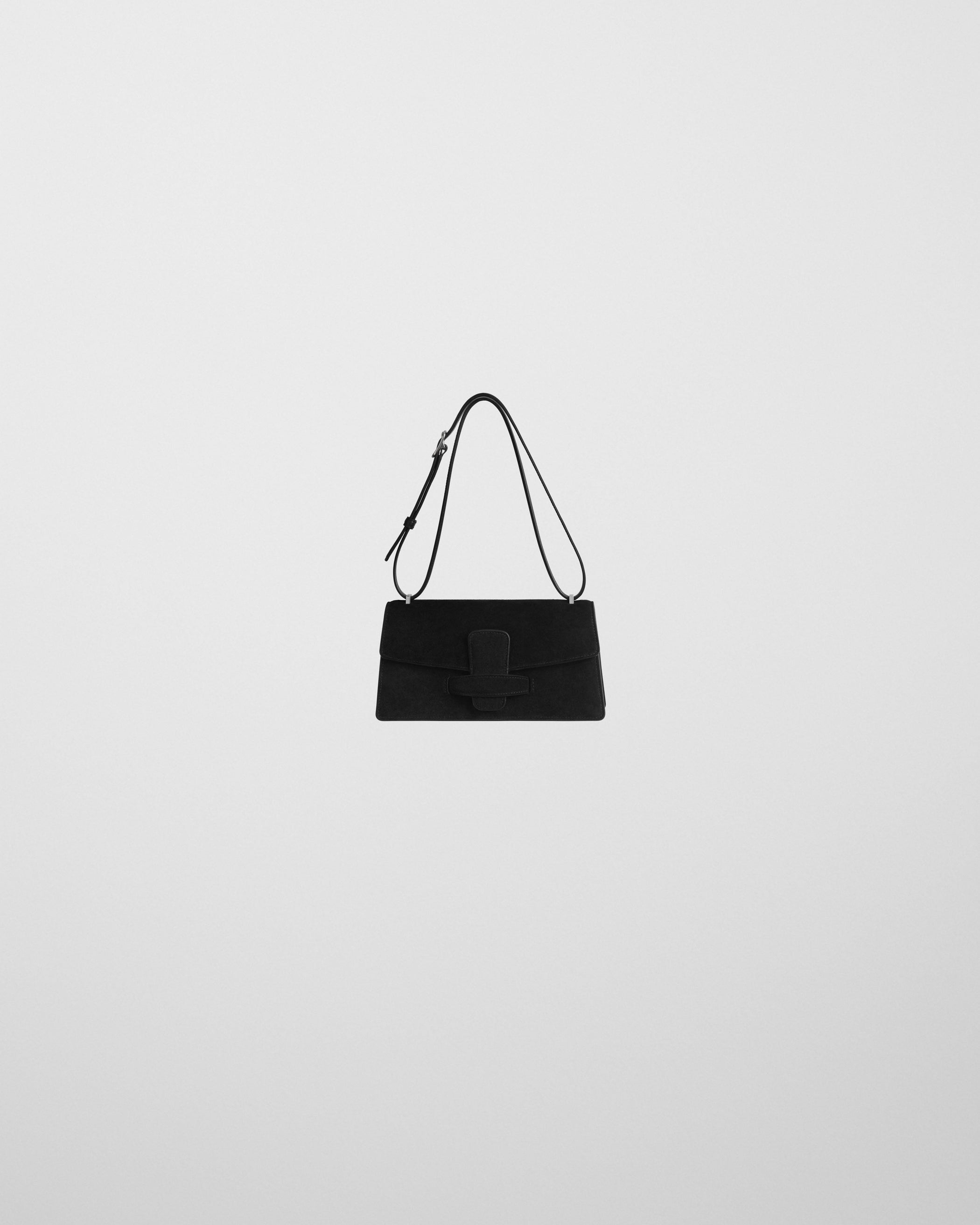 Flat front view of SMALL BAR BAG in black suede