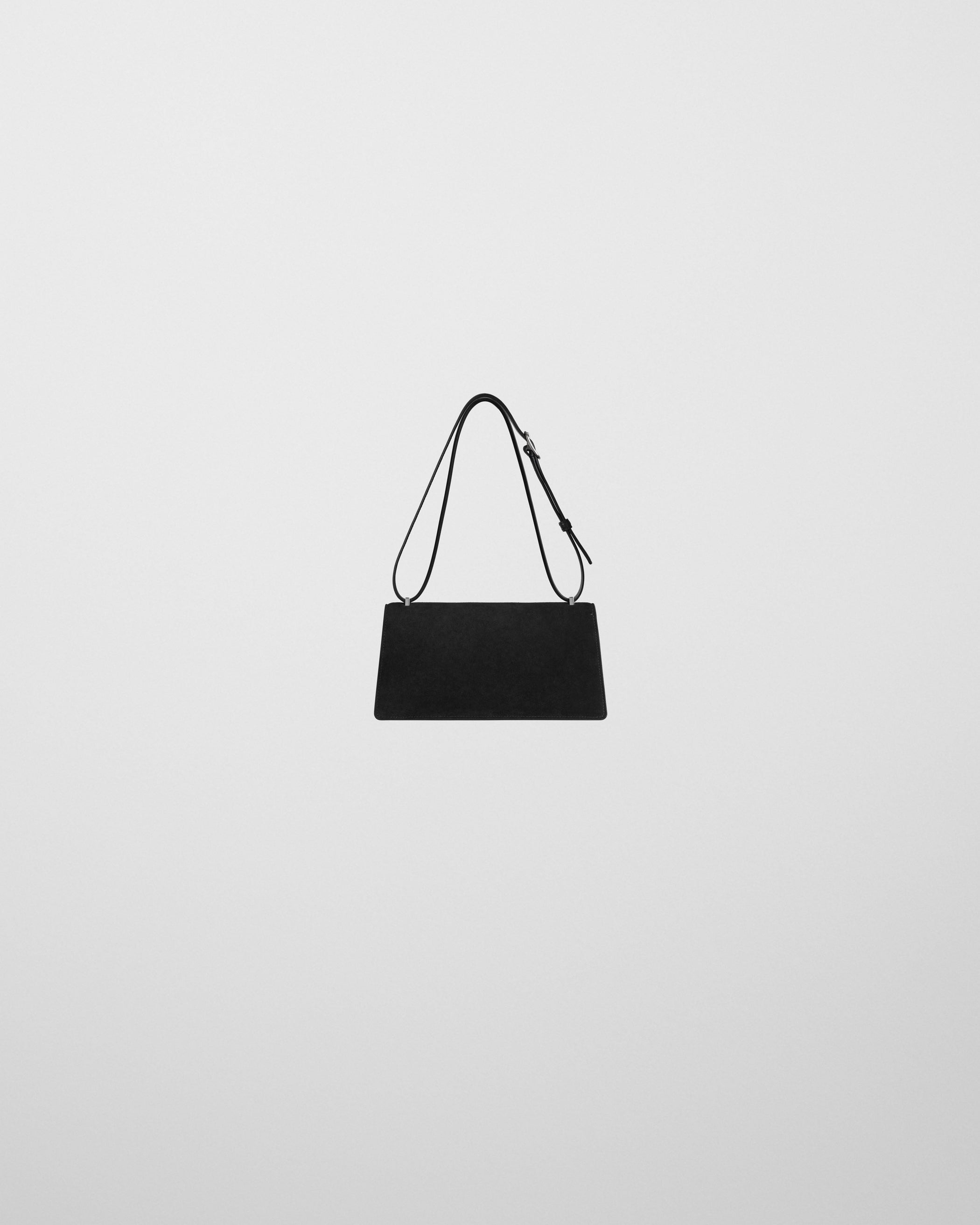 Flat back view of SMALL BAR BAG in black suede