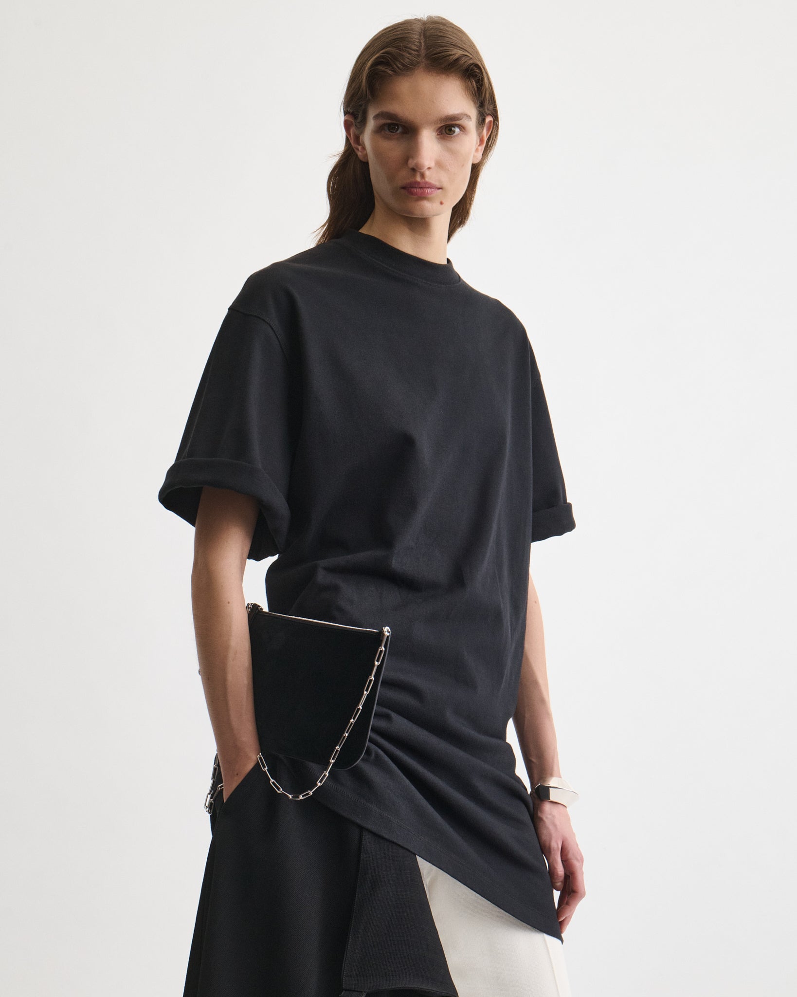 View of SLIP CHAIN POUCH in black suede