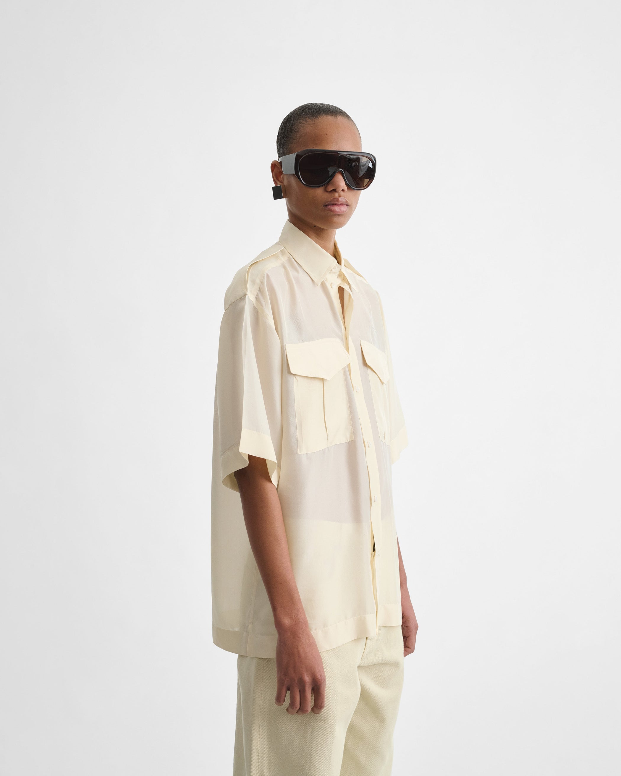 View of LITE UTILITY SHIRT in vanilla habotai silk