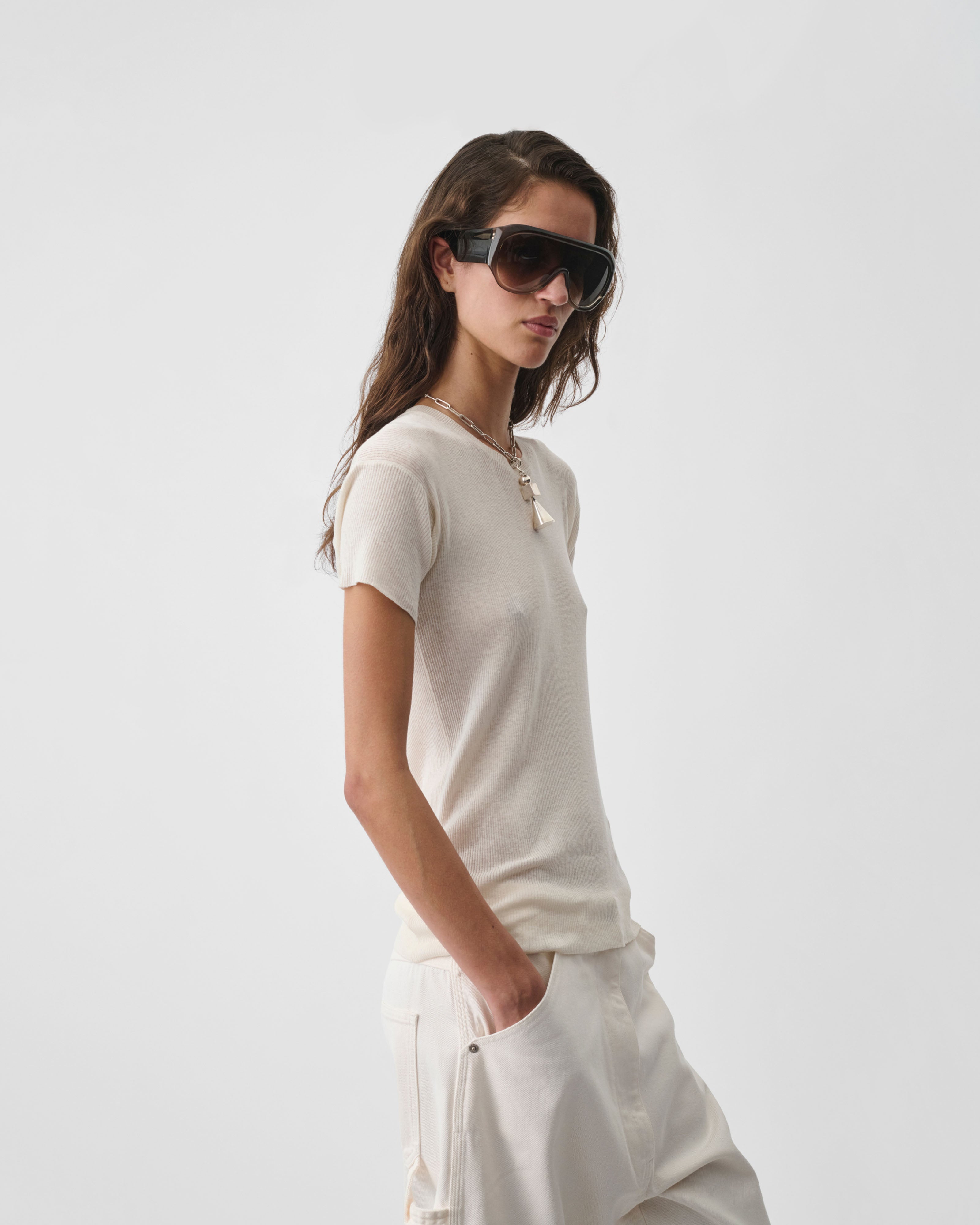PHOEBE PHILO | SCOOP NECK RIB T-shirt | ivory cotton