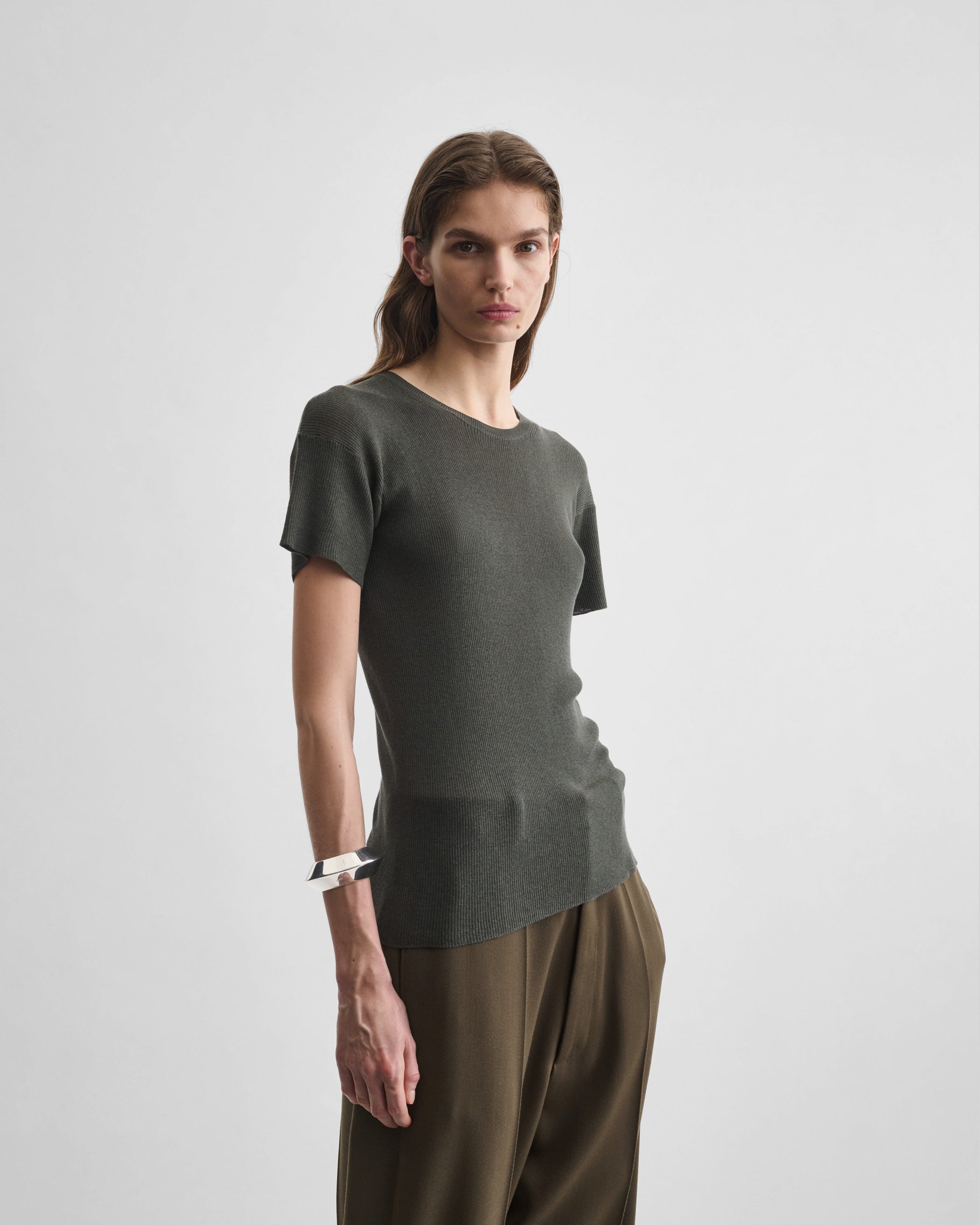 View of SCOOP NECK RIB T-shirt in sludge cotton