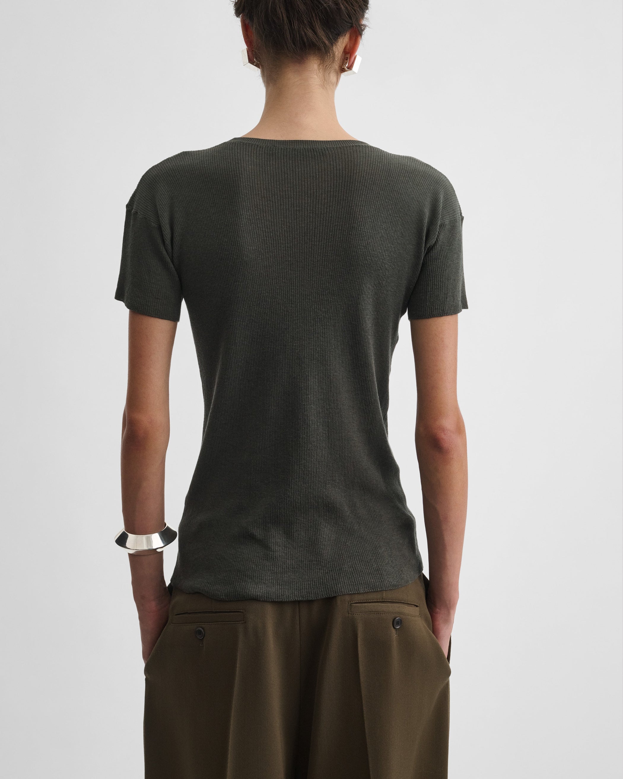 View of SCOOP NECK RIB T-shirt in sludge cotton