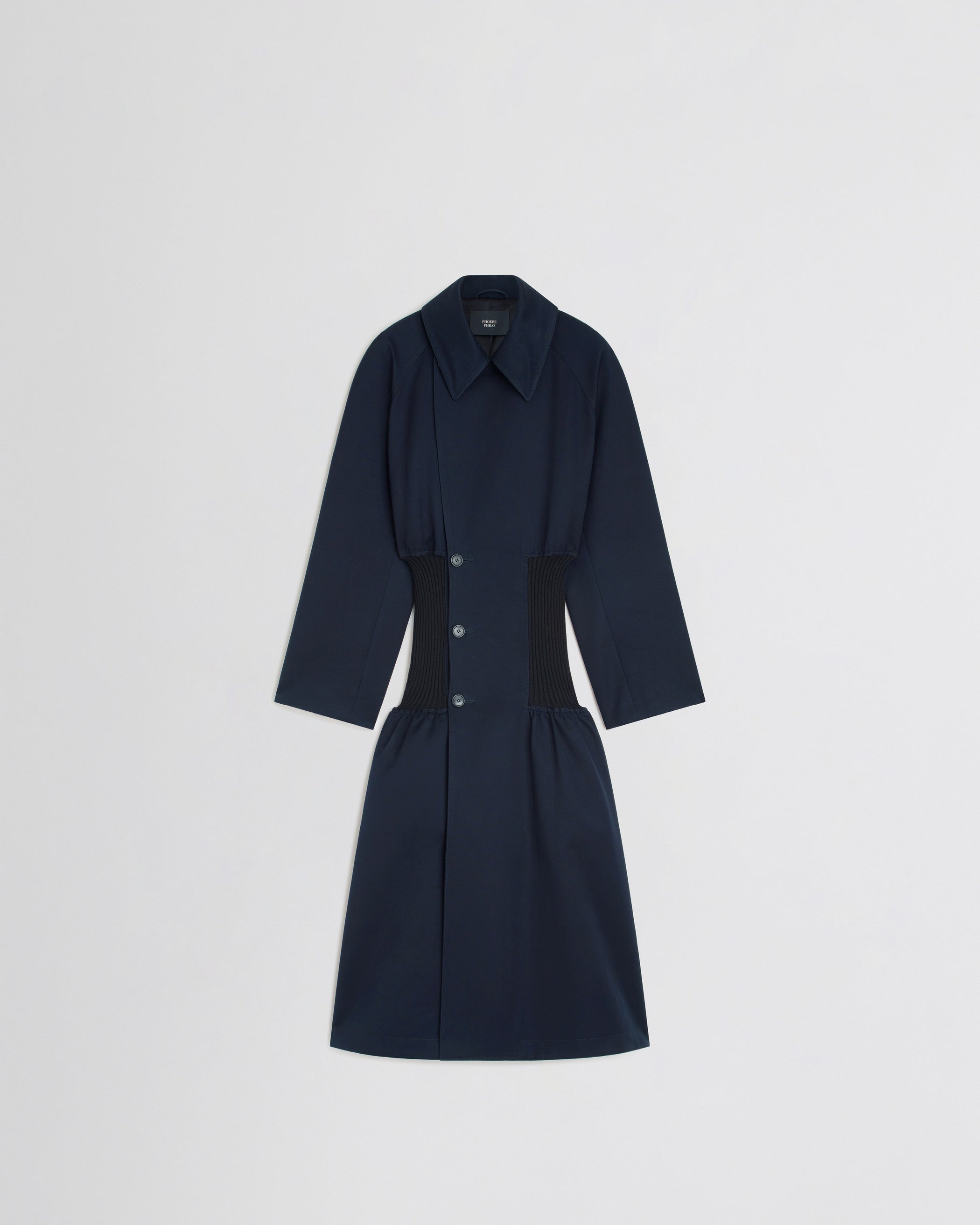 Flat front view of KICK COAT in dark navy cotton