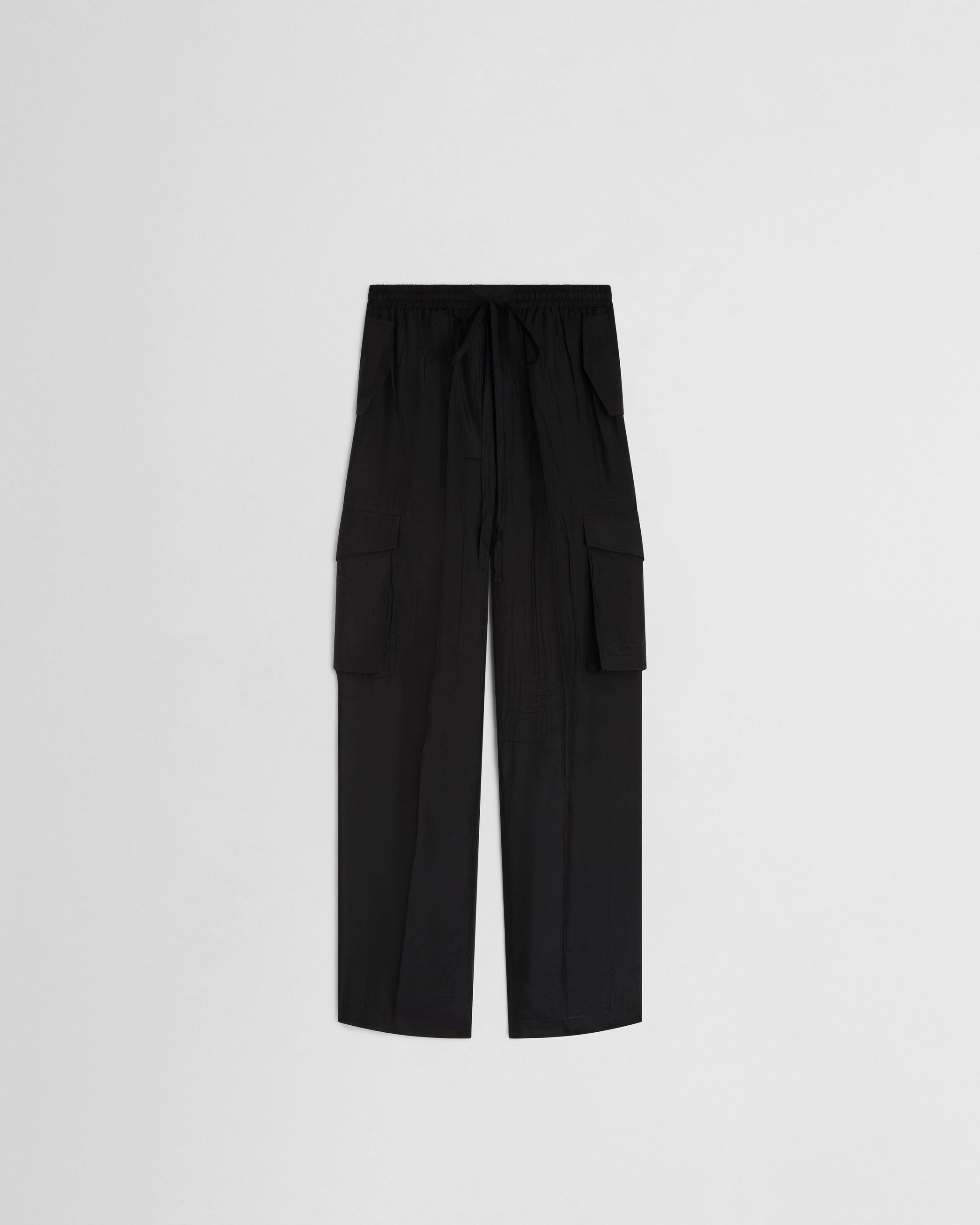 Flat front view of CARGO TROUSERS in black silk