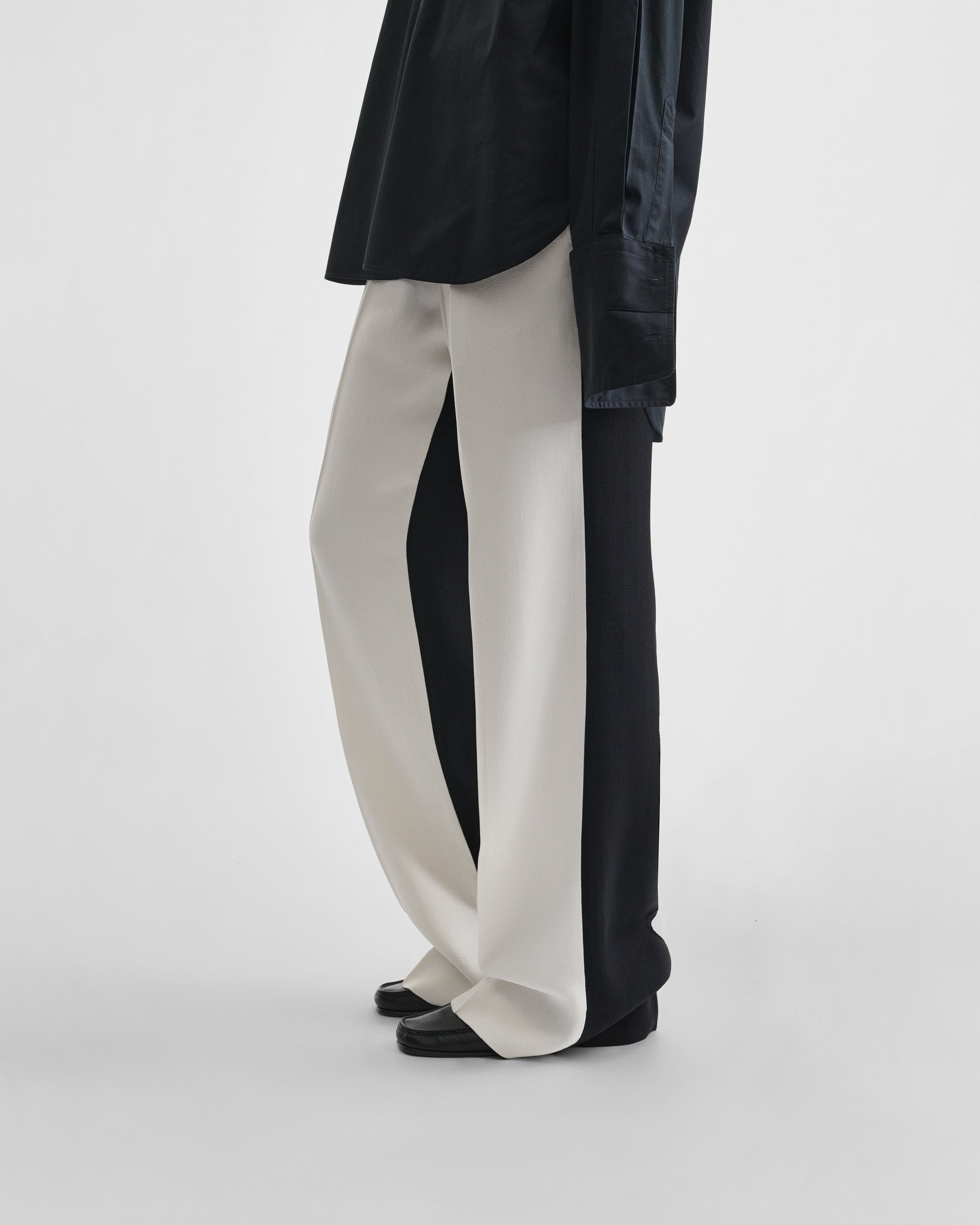 View of STRAIGHT LEG TROUSERS in black/off white woven viscose