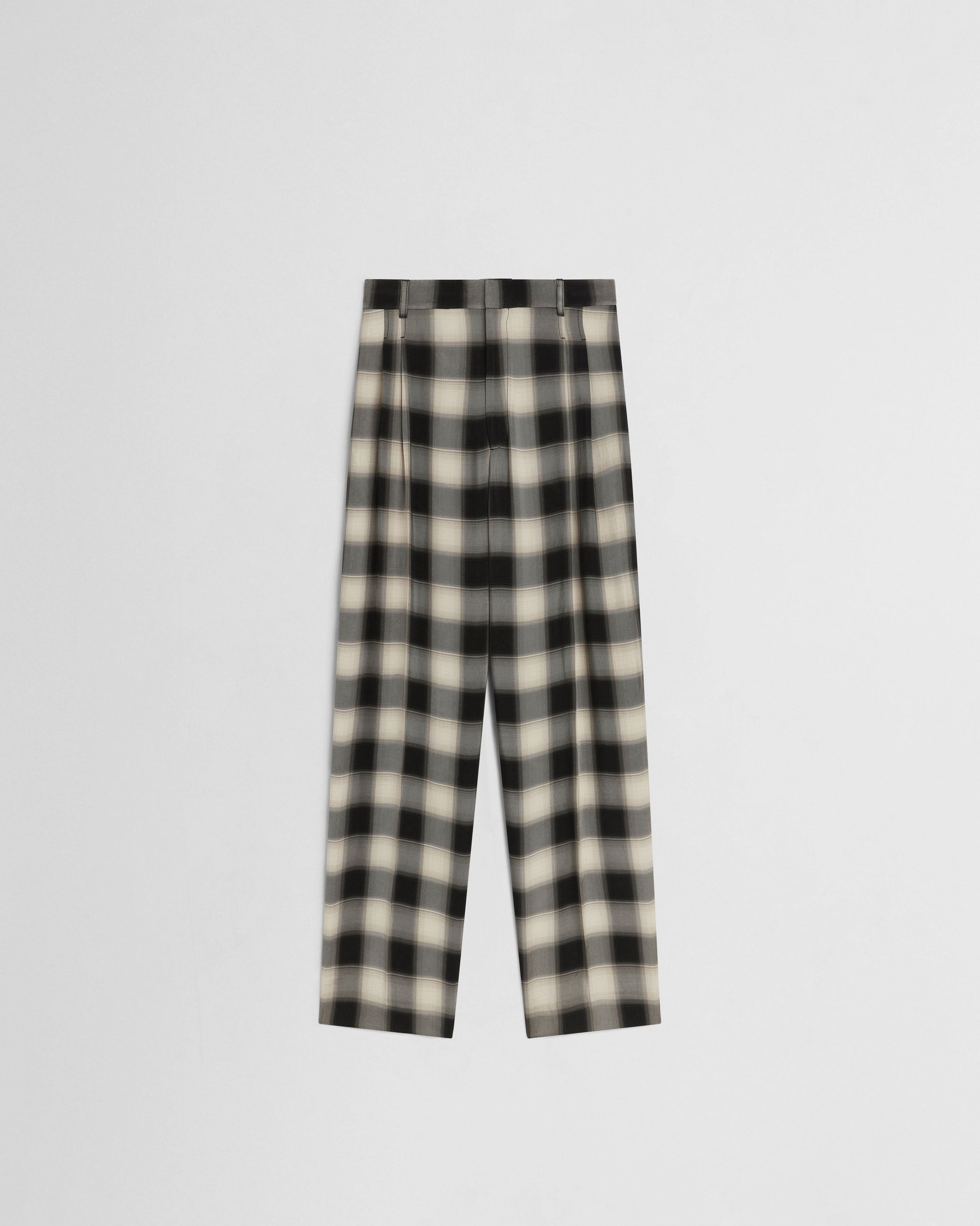 Flat front view of DOUBLE PLEAT TROUSERS in salt and pepper woven viscose