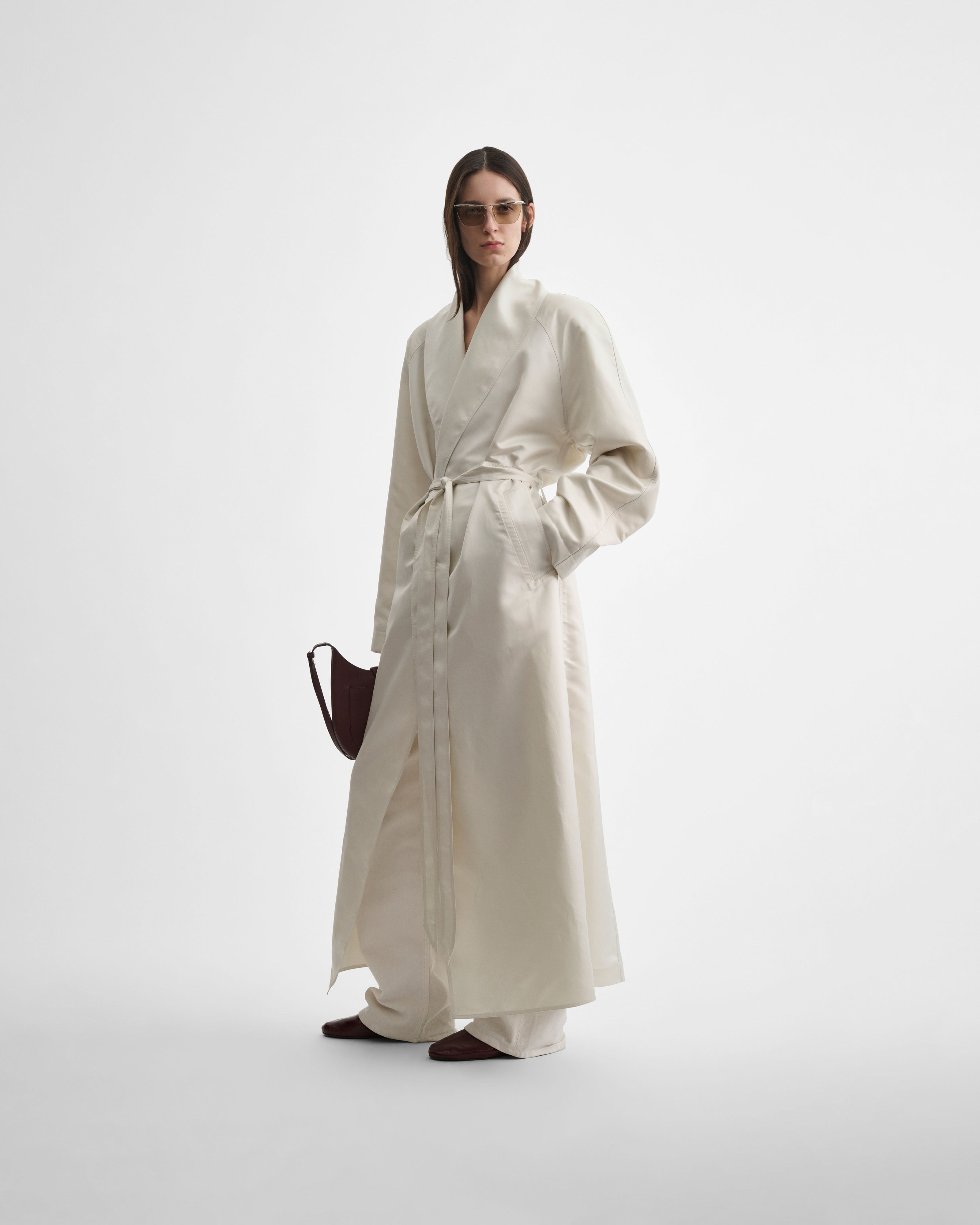 white silk robe dress White Satin Wedding Robe: Pleated Lace Sleeves, Bridal Dressing Gown
