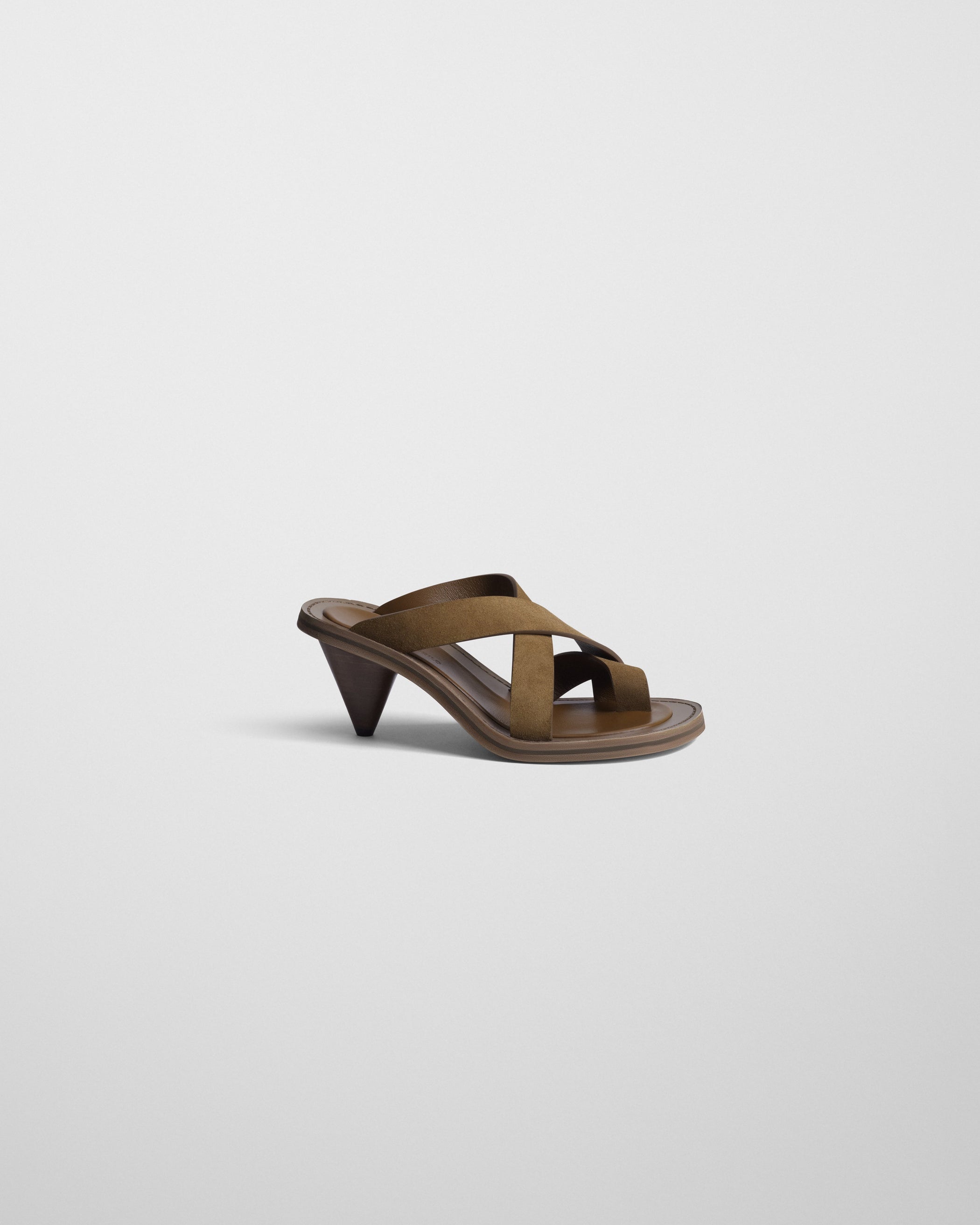 Side view of STRAP SANDAL in caramel suede