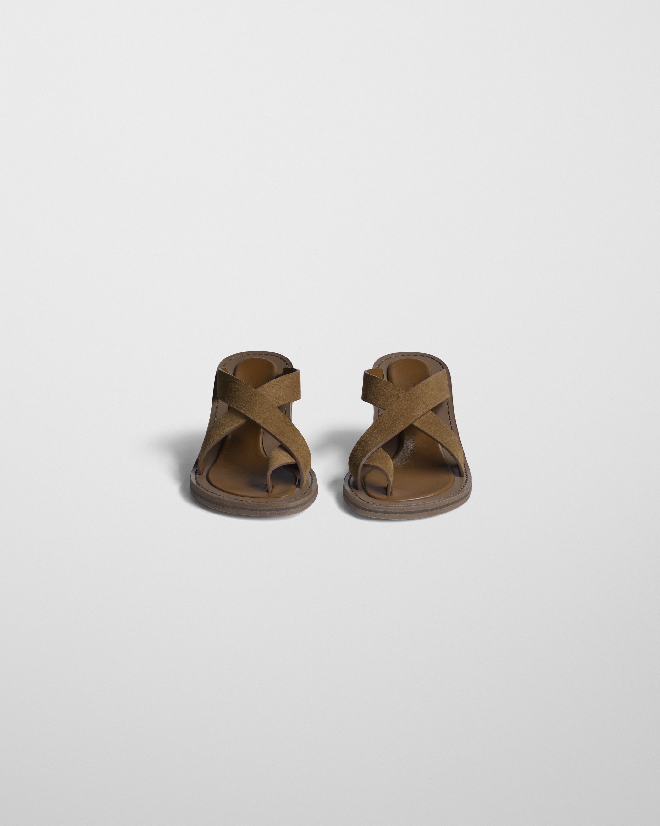 Front view of STRAP SANDAL in caramel suede
