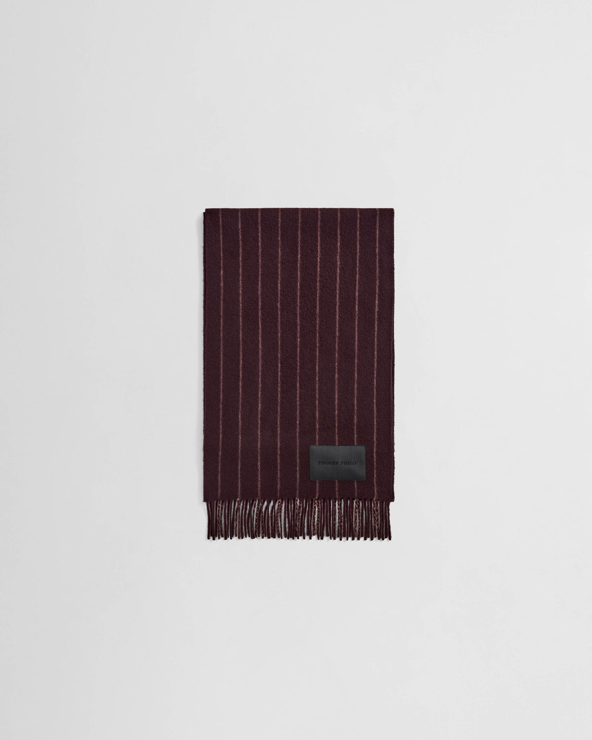 Front view of PINSTRIPE SCARF in maroon cream wool