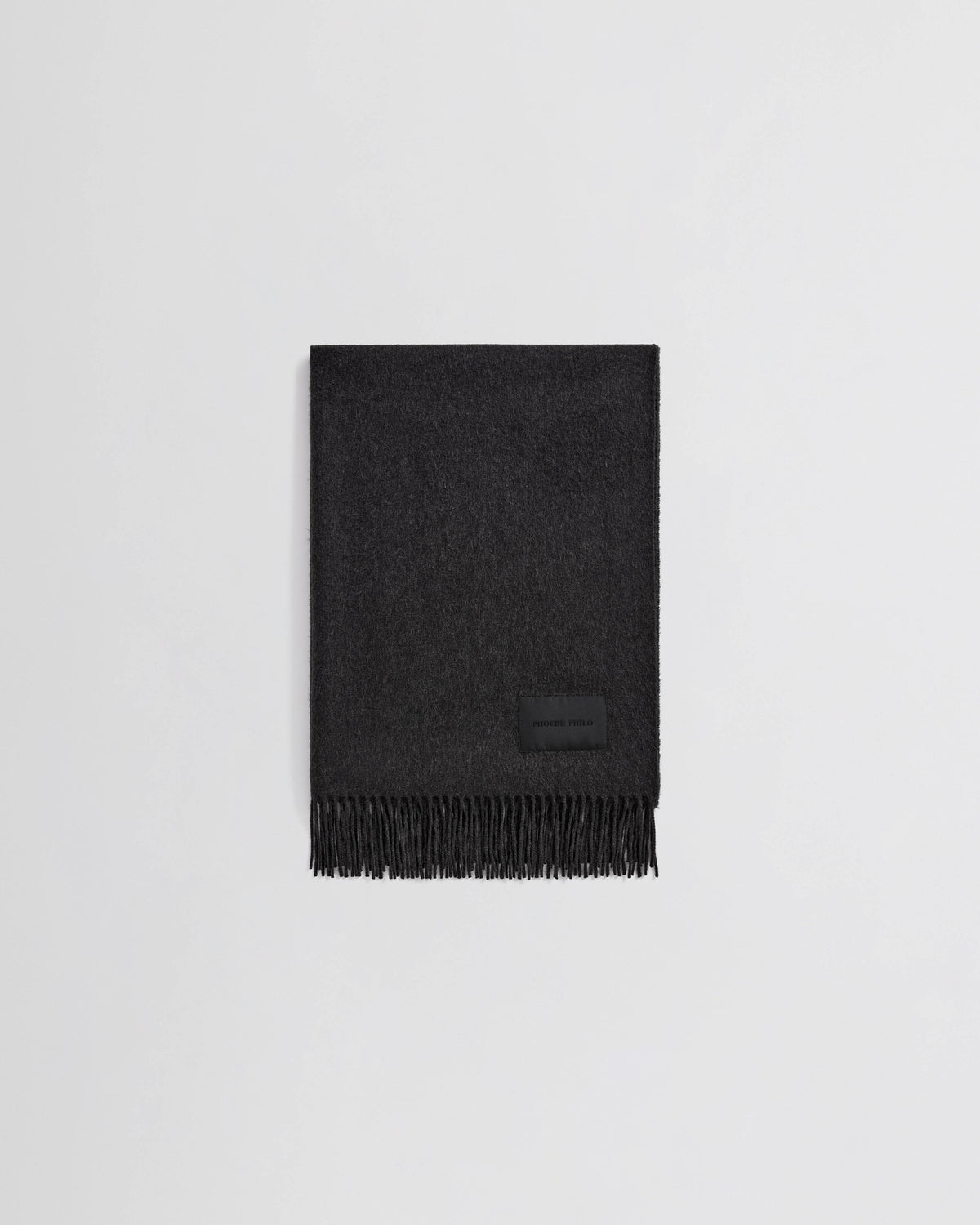 Front view of BIG FRINGE SCARF in dark grey wool
