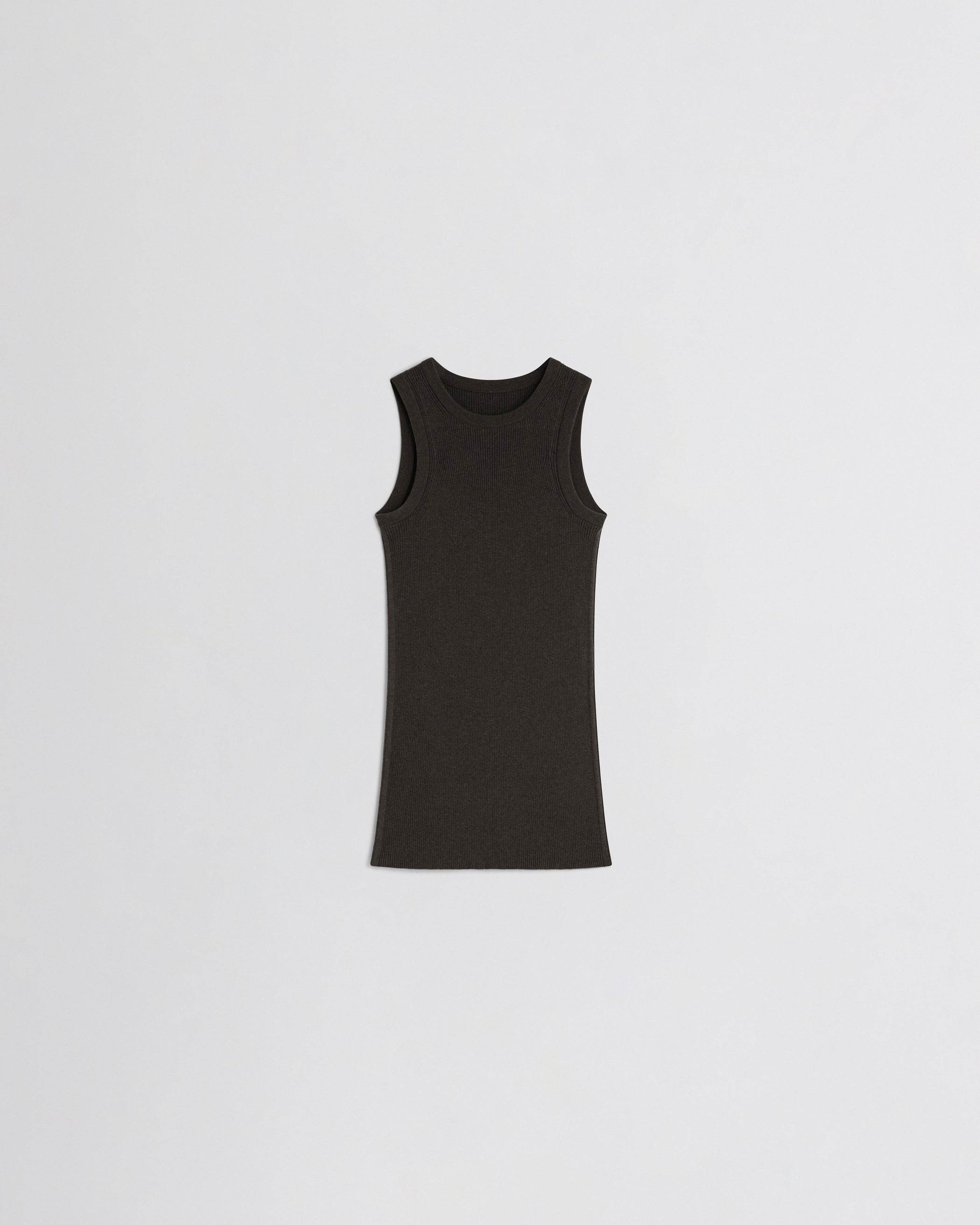 Flat front view of RIBBED TANK in brown wool