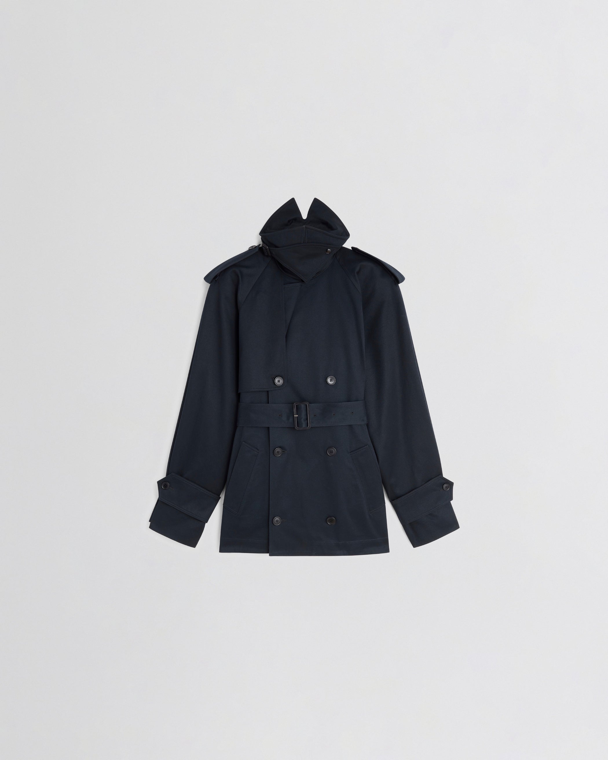 Front view of CROPPED TRENCH in black ink cotton