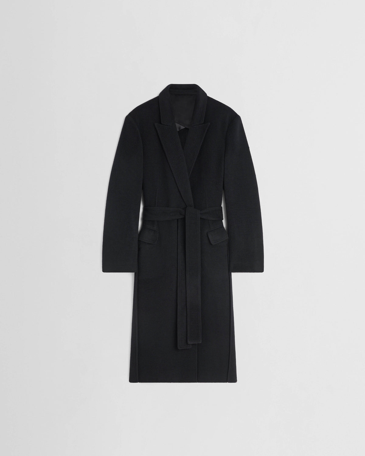 Front view of BELTED ROBE COAT in black cashmere